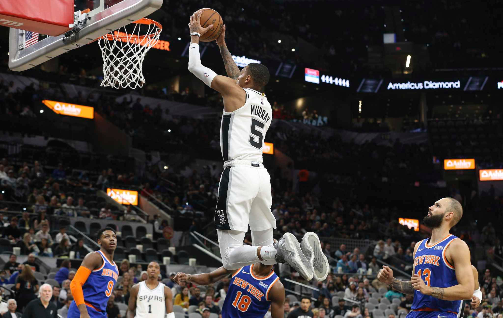 Dejounte Murray, slam dunk, white jersey, Full HD Desktop Wallpaper