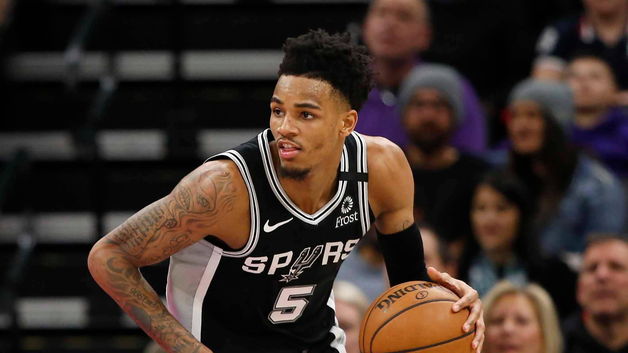 Dejounte Murray, black Spurs jersey, dribbles the ball, Full HD Desktop Wallpaper