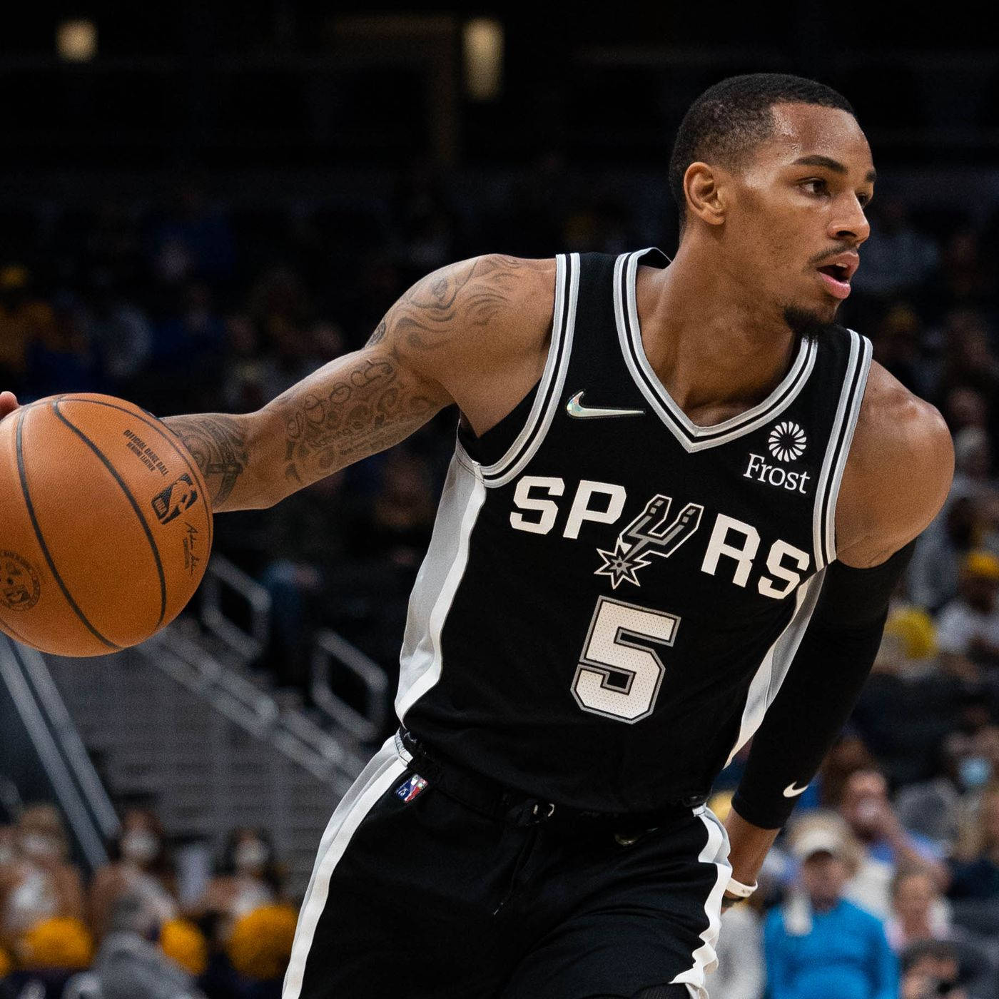 Dejounte Murray, point guard, black Spurs jersey, HD Desktop Wallpaper