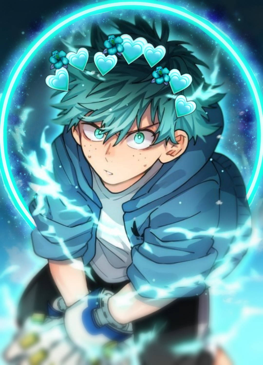 Deku, teal-haired anime boy, heart-shaped flowers in his hair, HD Phone Wallpaper