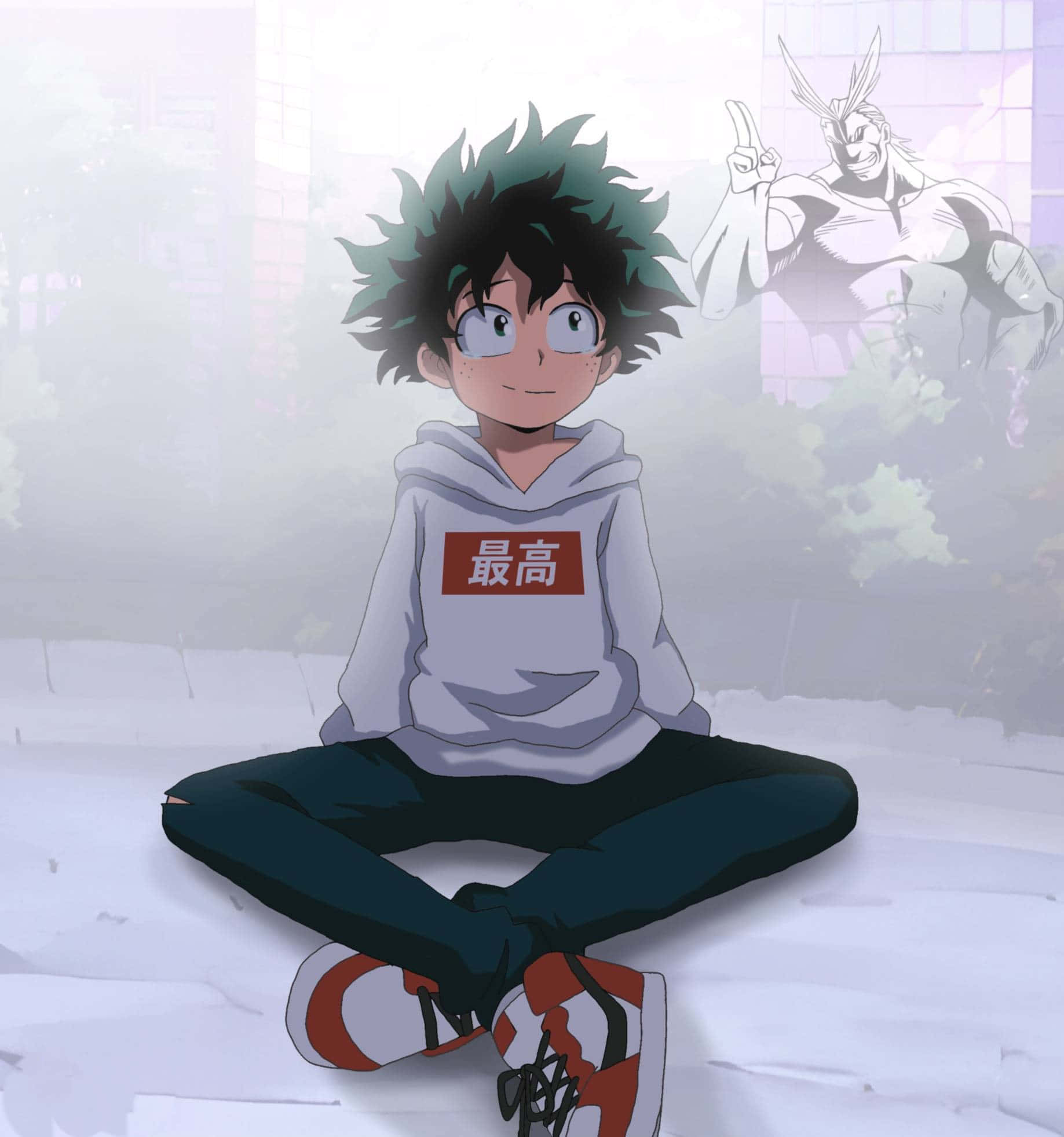 Deku, spiky green and black hair, hoodie with red text, Full HD Phone Wallpaper