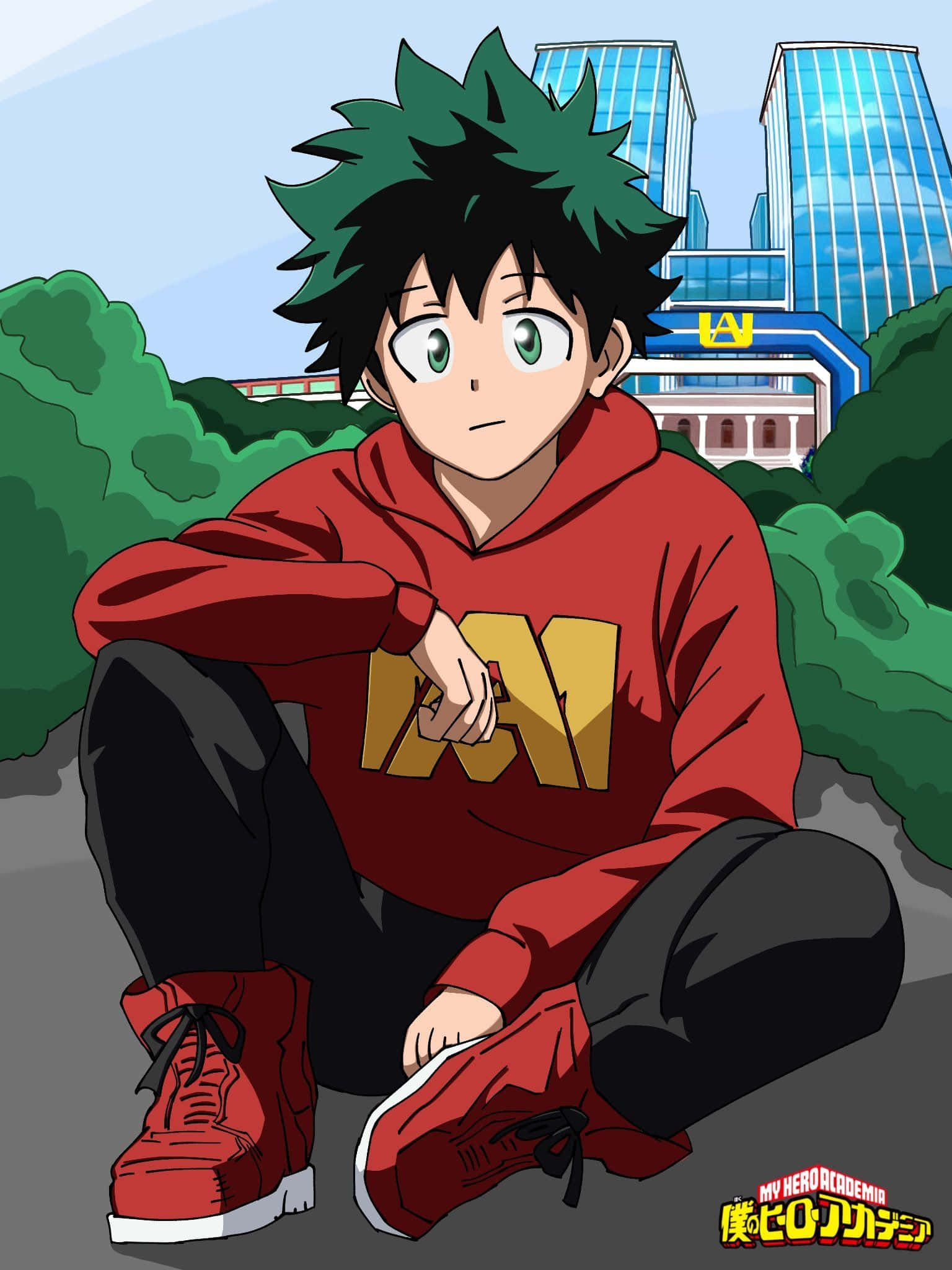 Deku Drip, green hair, red hoodie, Full HD Phone Wallpaper