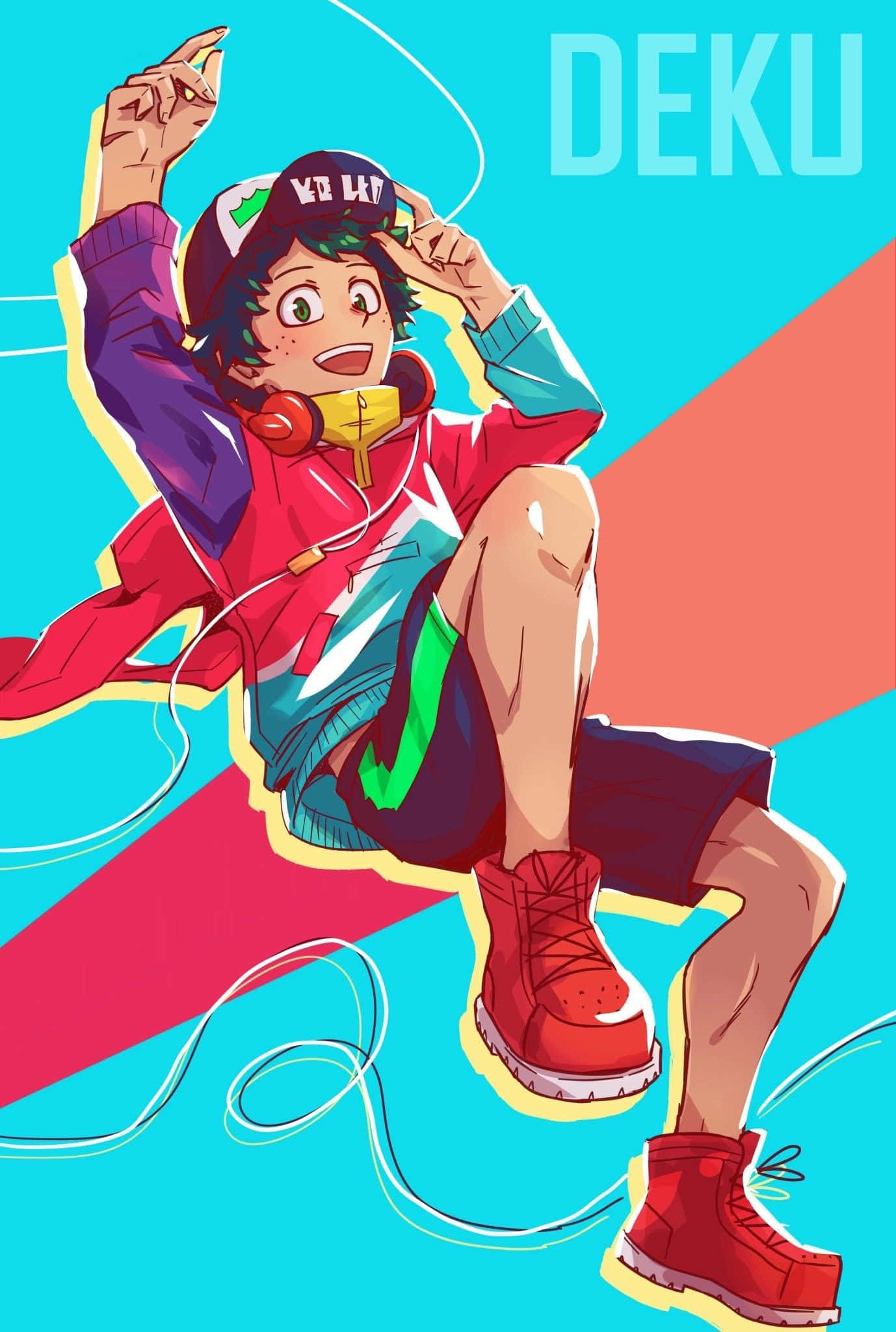 Deku, vibrant blue and pink geometric background, red boots, Full HD Phone Wallpaper