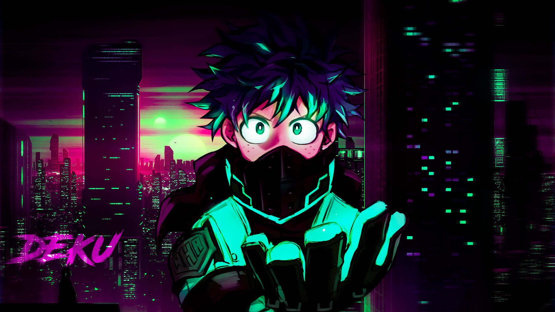 Deku, cyberpunk cityscape, neon-drenched, Full HD Desktop Wallpaper