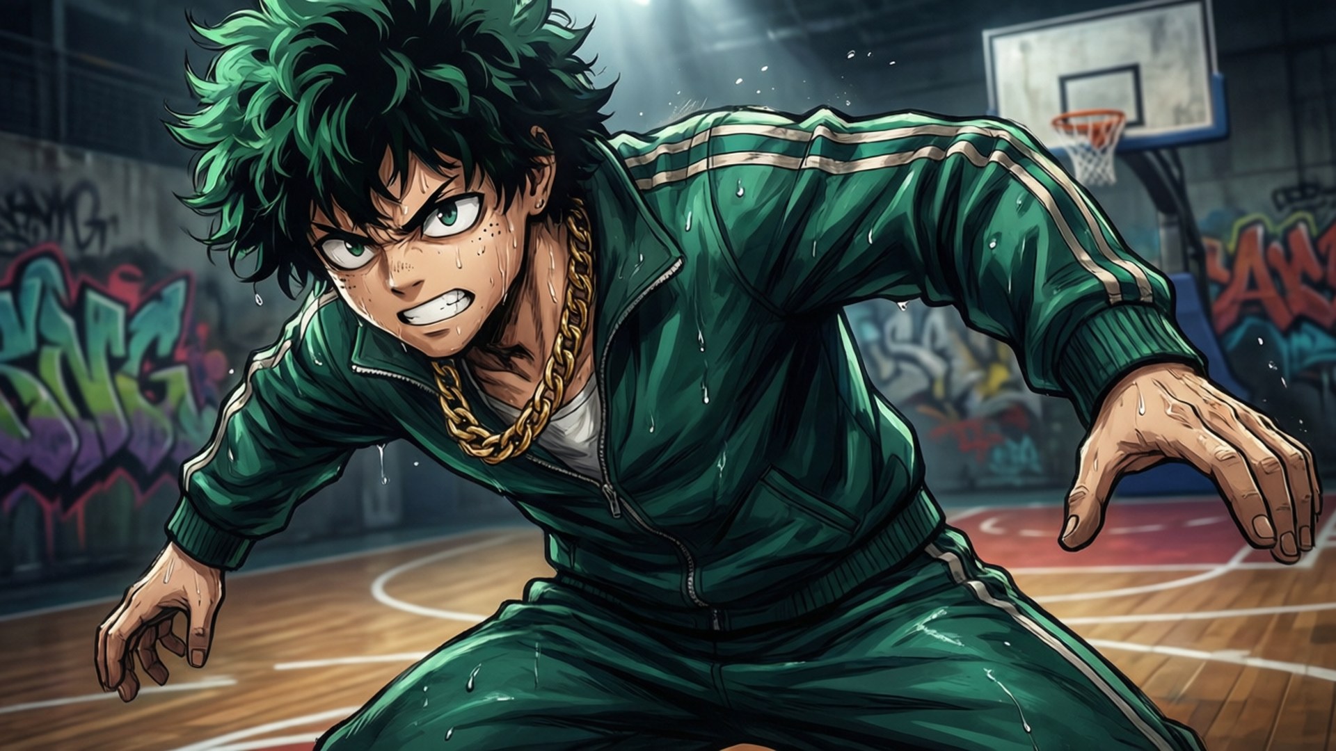 Deku, green tracksuit, basketball court, Full HD Desktop Wallpaper