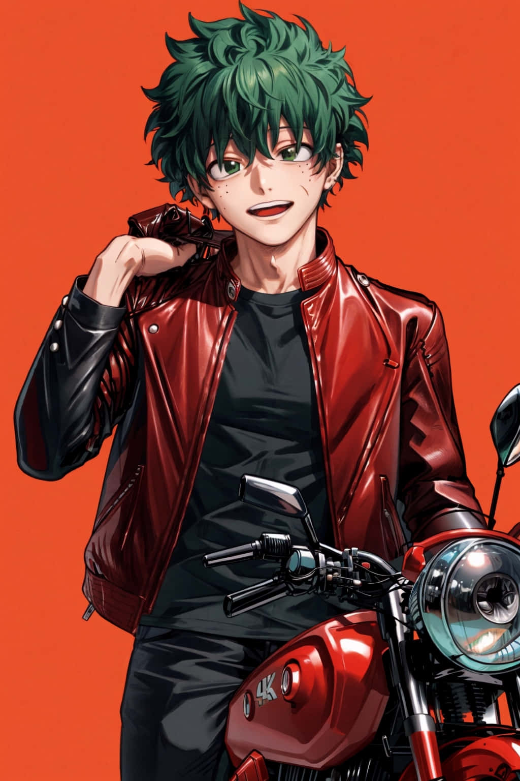 Deku, red motorcycle, spiky green-haired anime boy, HD Phone Wallpaper