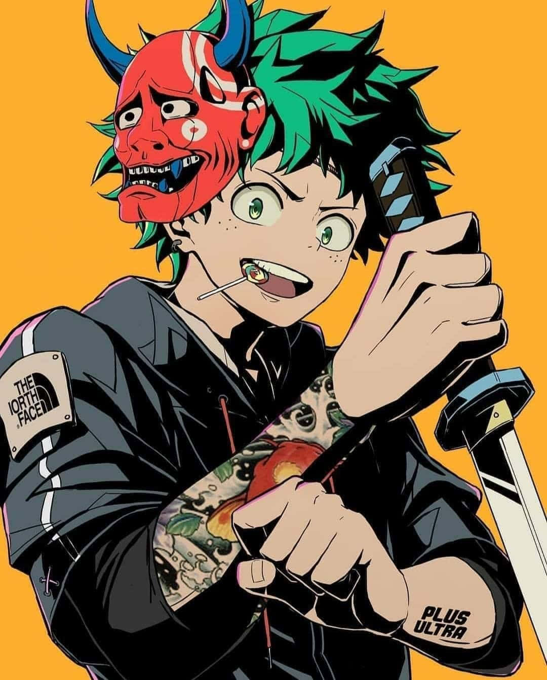 Deku Drip, green hair, red devil mask, HD Phone Wallpaper