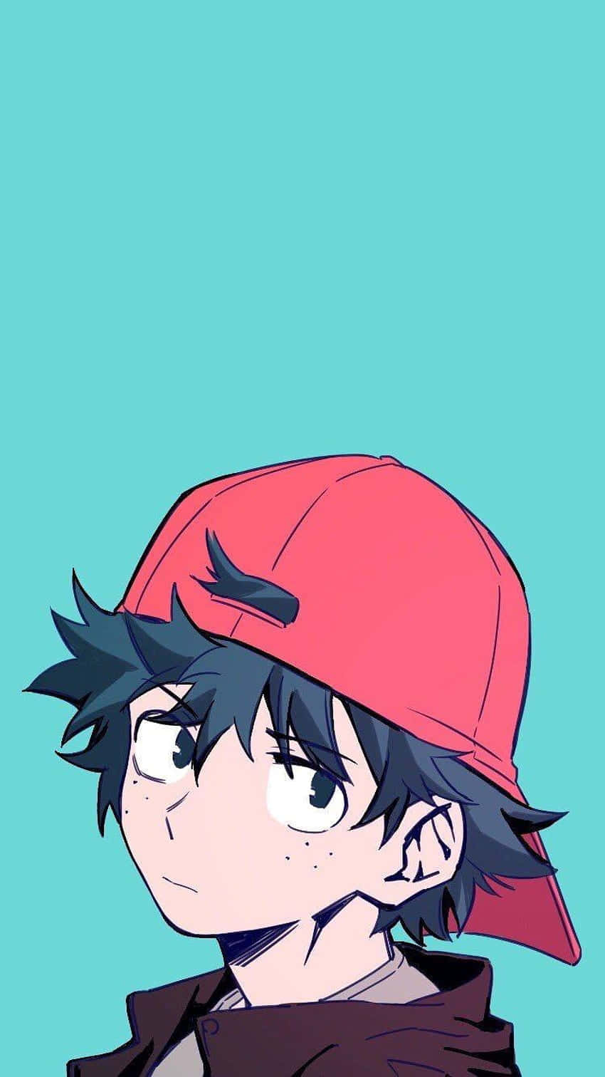 Deku, red cap, teal background, HD Phone Wallpaper