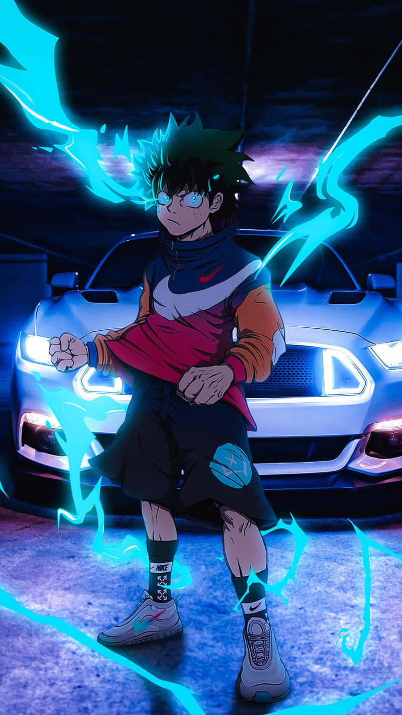 Deku Drip, spiky-haired anime boy, glowing blue eyes, HD Phone Wallpaper