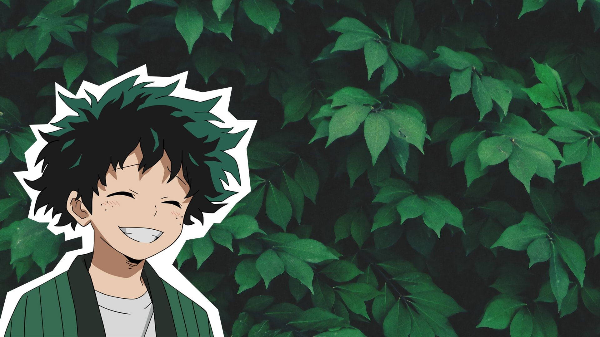 Deku, spiky black hair, lush green leafy background, Full HD Desktop Wallpaper
