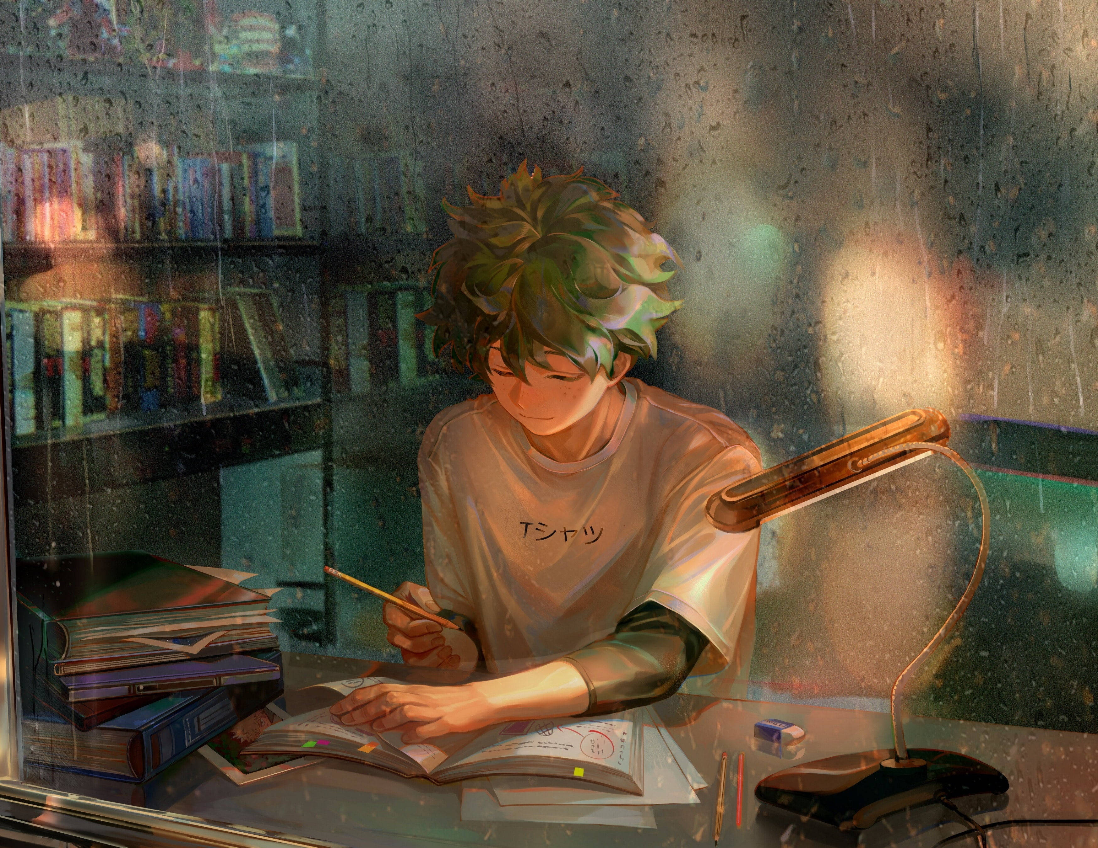 Deku, green hair, warm lamp, 2K Desktop Wallpaper