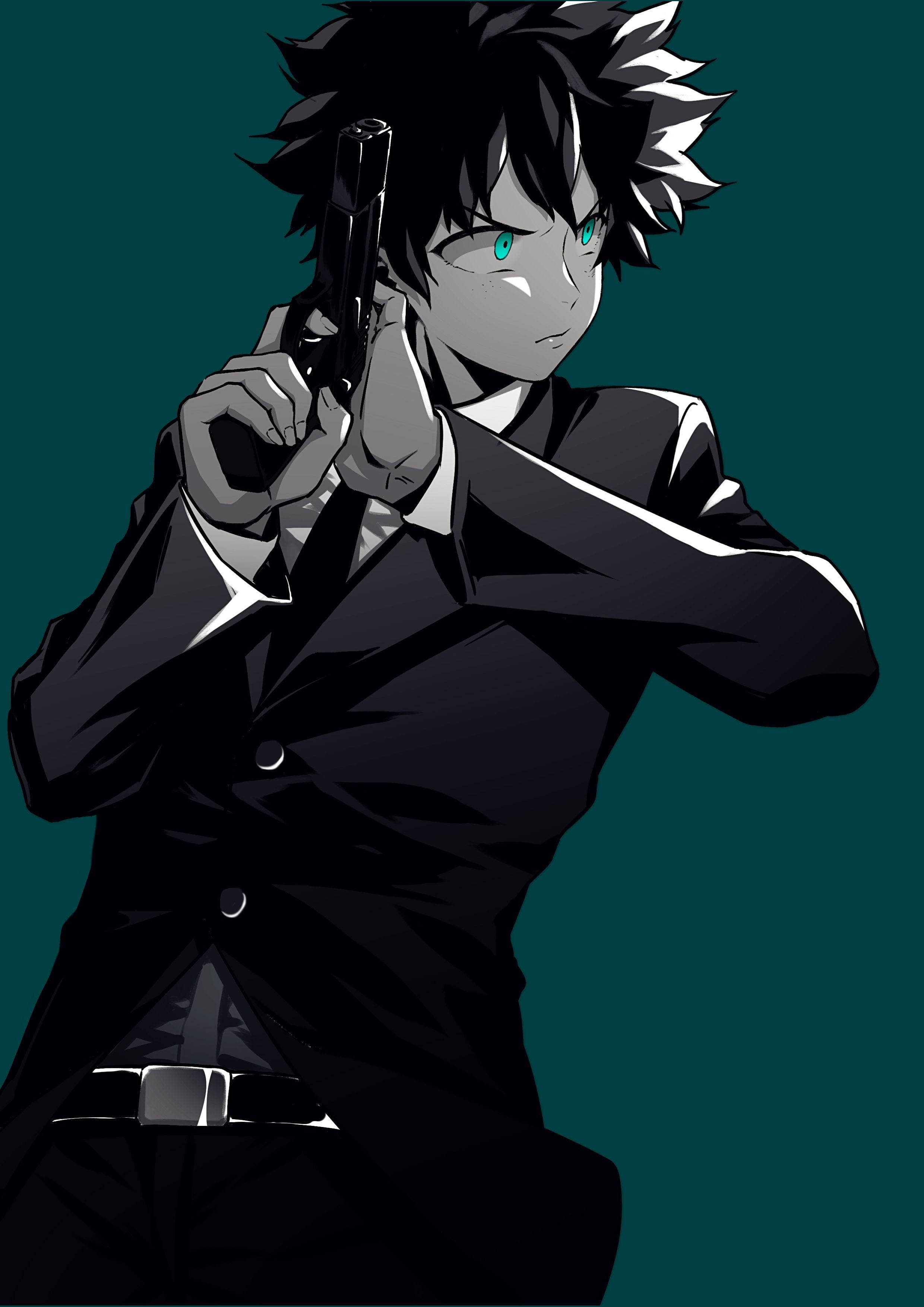 Deku, spiky-haired anime character, black suit, 2K Phone Wallpaper