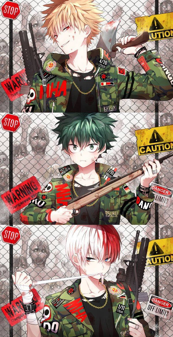 Deku X Todoroki X Bakugou, camouflage gear, chain-link fence, SD Phone Wallpaper