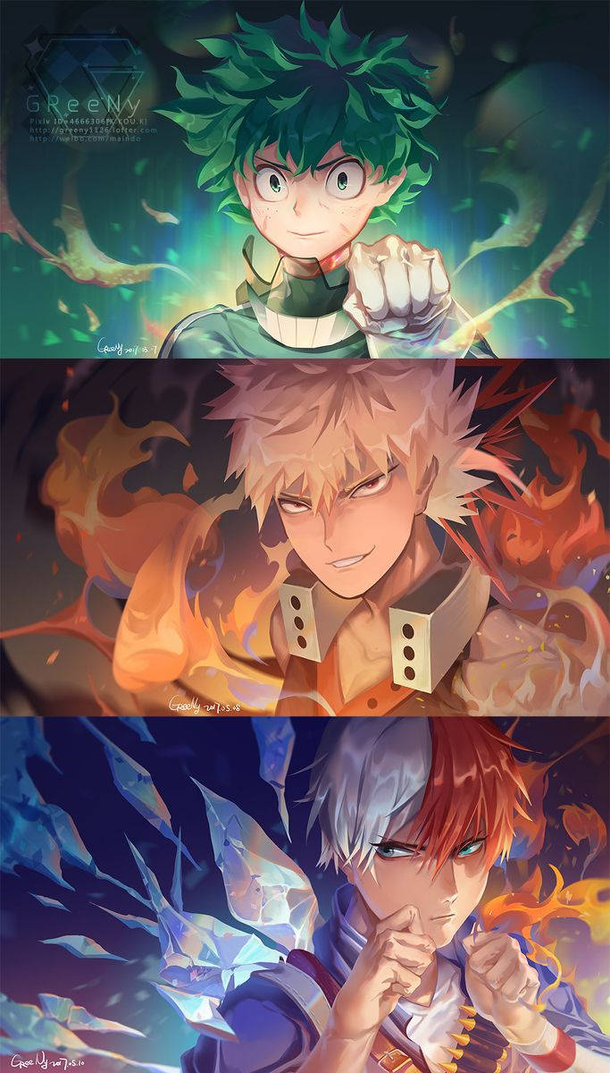 Deku, Todoroki, Bakugou, SD Phone Wallpaper