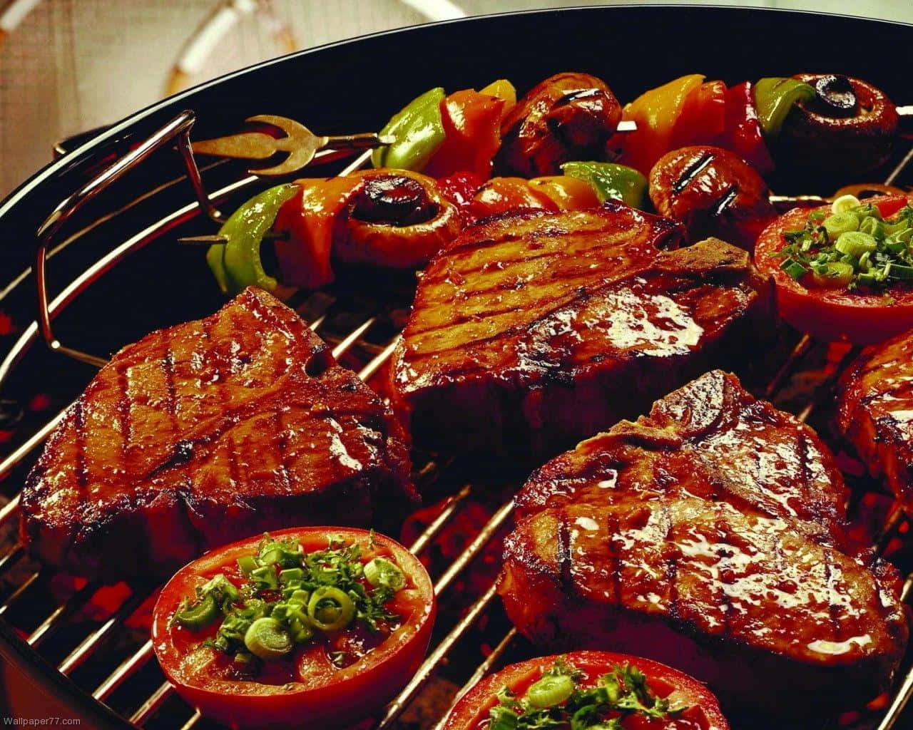 Delectable, grilled pork, glowing coals, HD Desktop Wallpaper