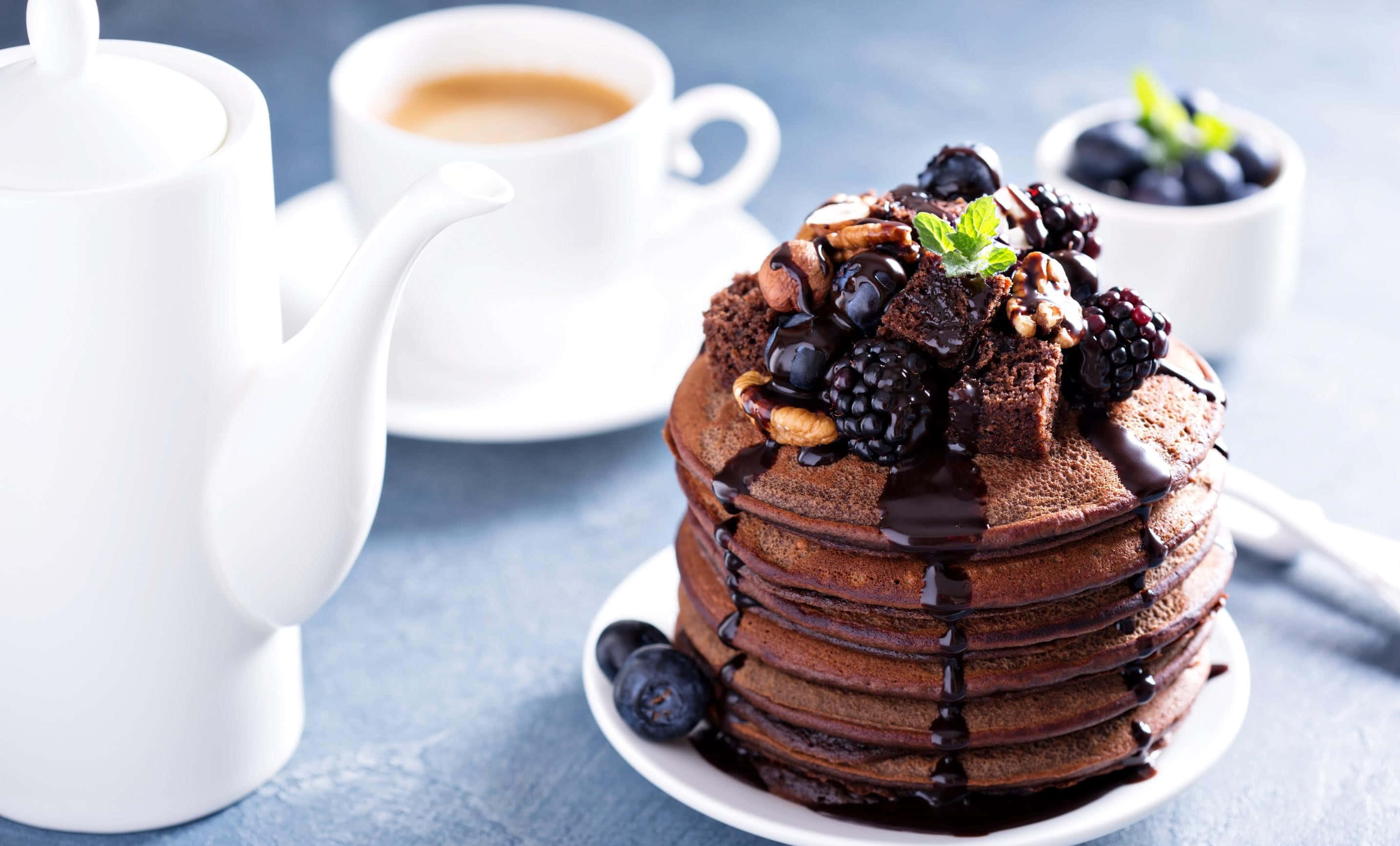 Delectable Chocolate Pancakes, chocolate pancakes, chocolate sauce, 2K Desktop Wallpaper