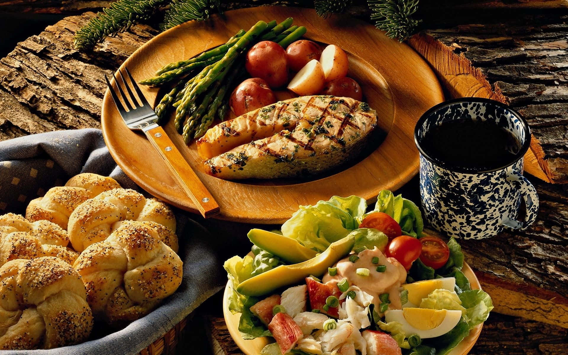 Delectable Breakfast, rustic wooden table, grilled salmon, Full HD Desktop Wallpaper