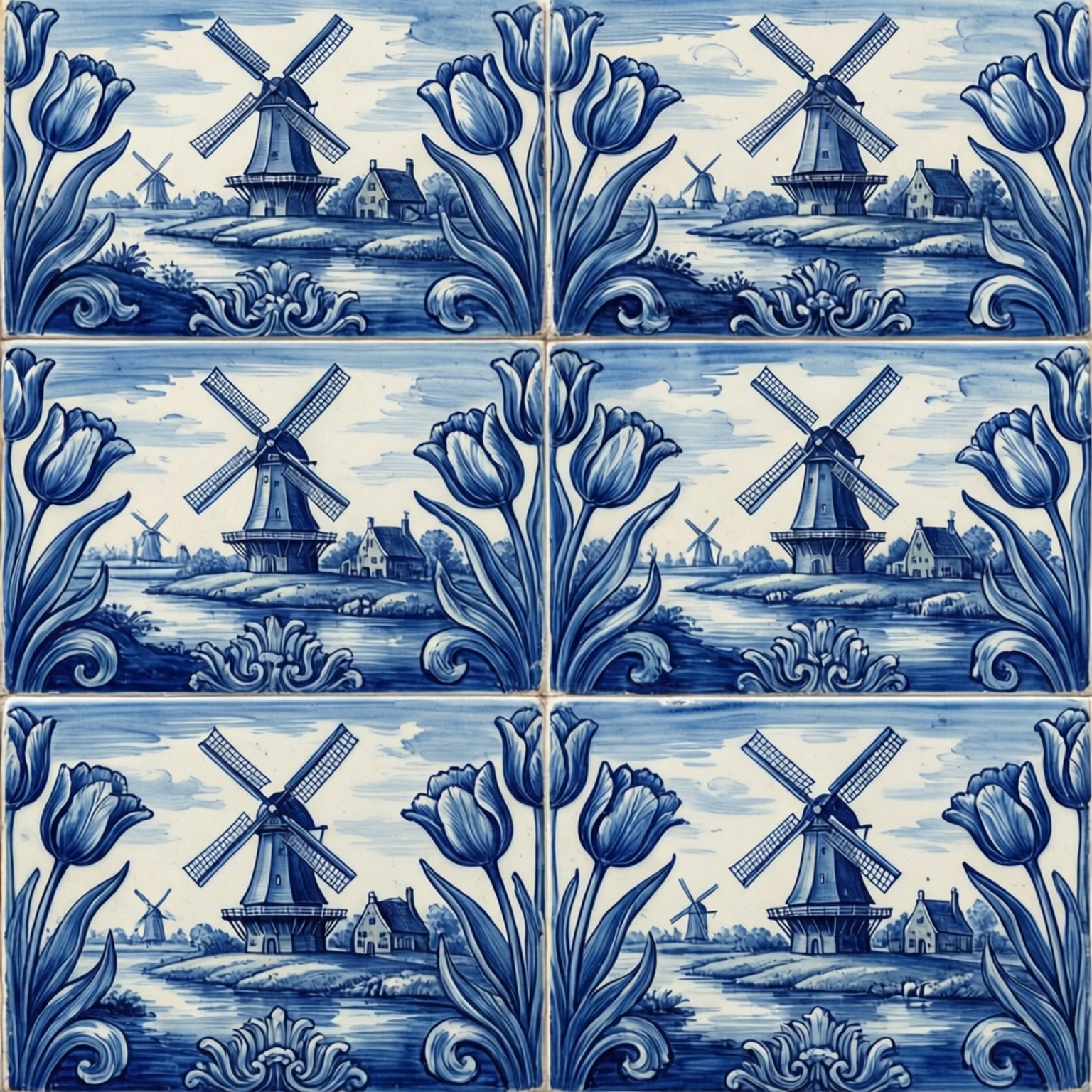 Delft blue, tile pattern, windmill, HD Desktop Wallpaper