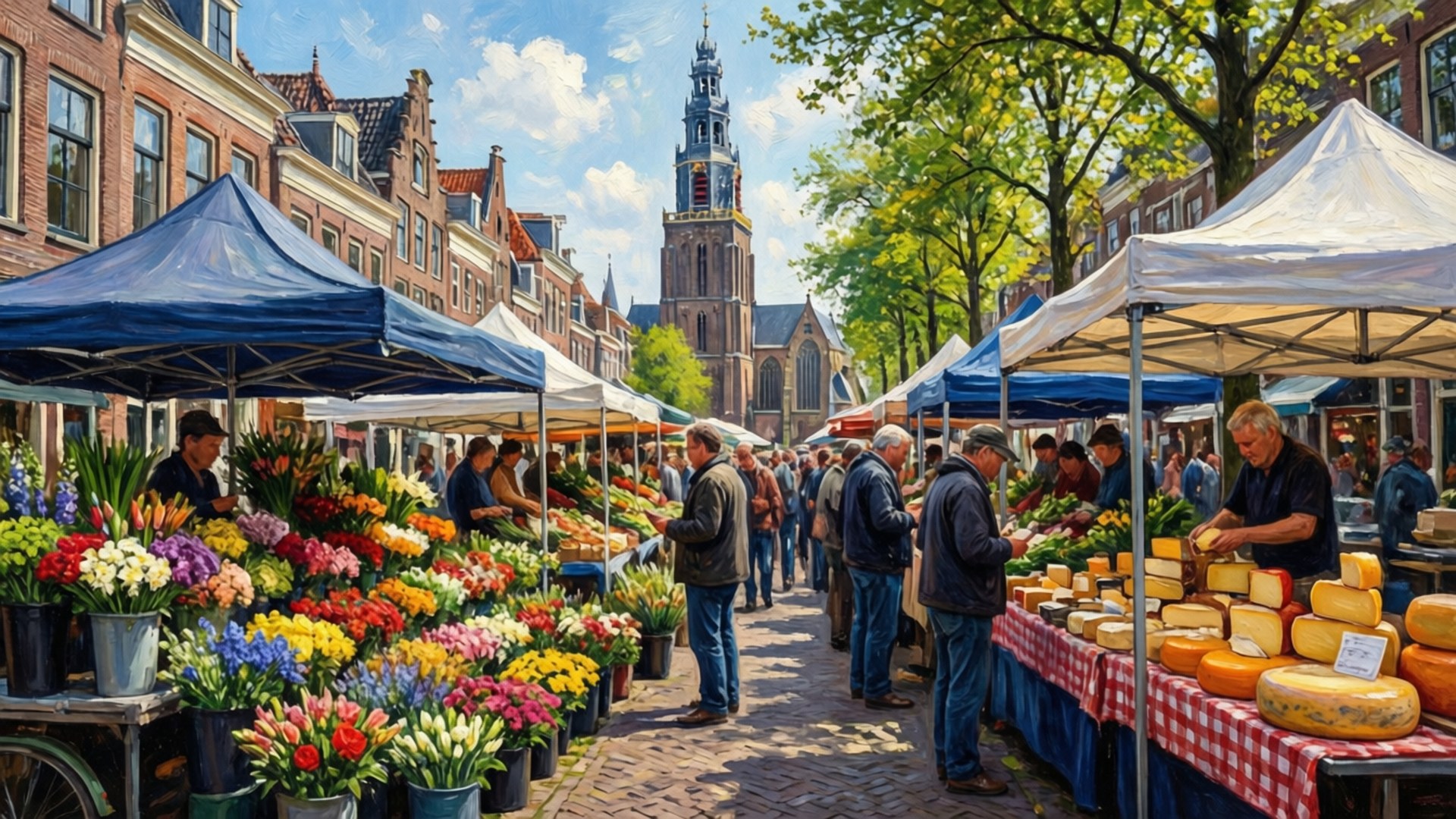 Delft, market scene, flowers, Full HD Desktop Wallpaper
