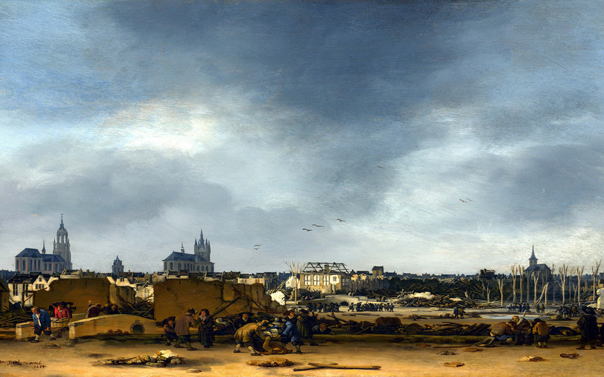 View of Delft, oil painting, devastated urban landscape, Full HD Desktop Wallpaper