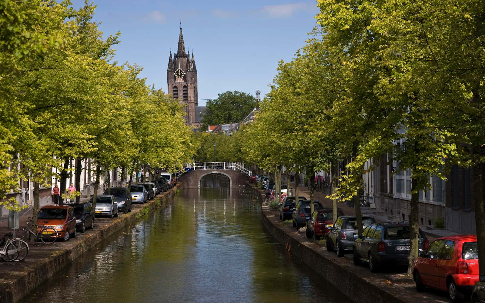 Delft, canal, church tower, HD Desktop Wallpaper
