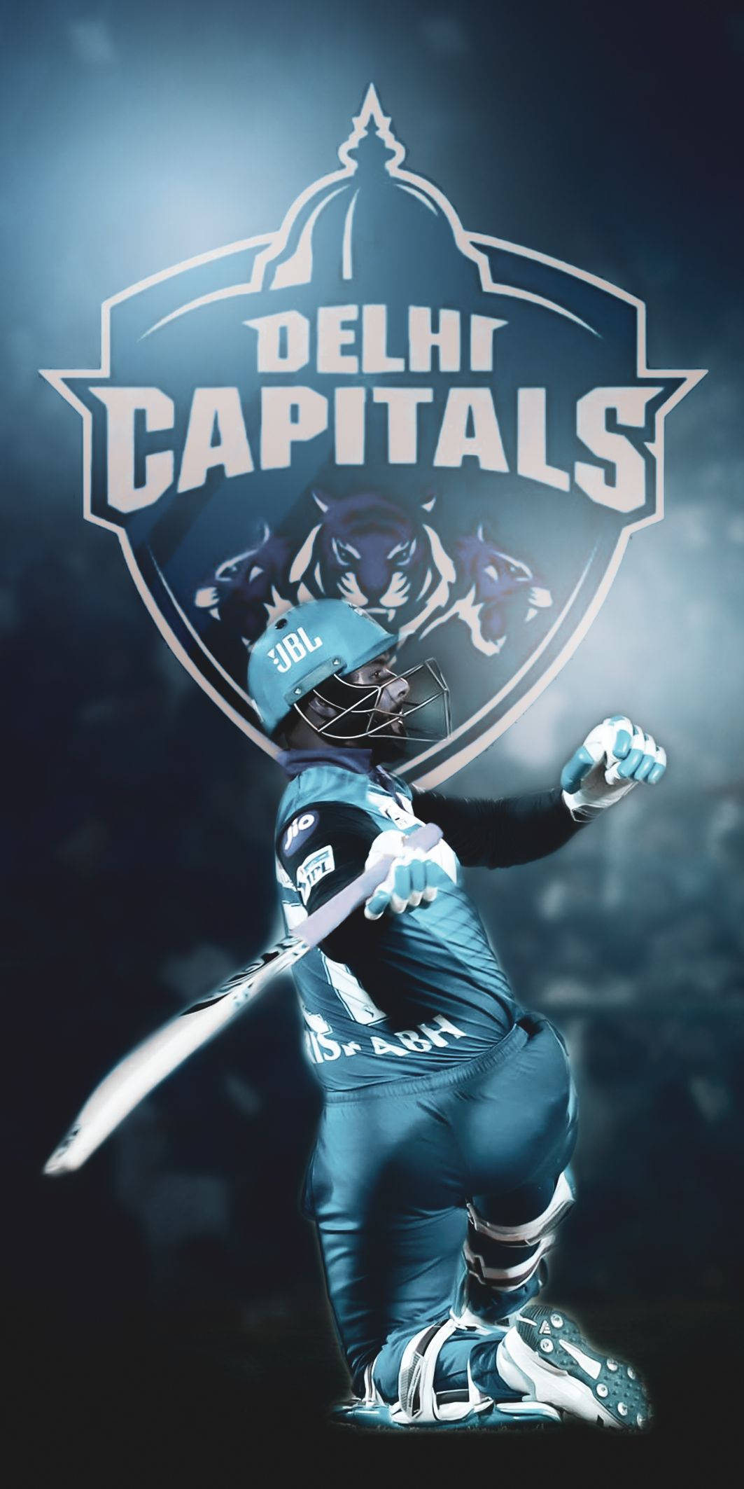 Delhi Capitals, blue gear, kneels mid-swing, Full HD Phone Wallpaper