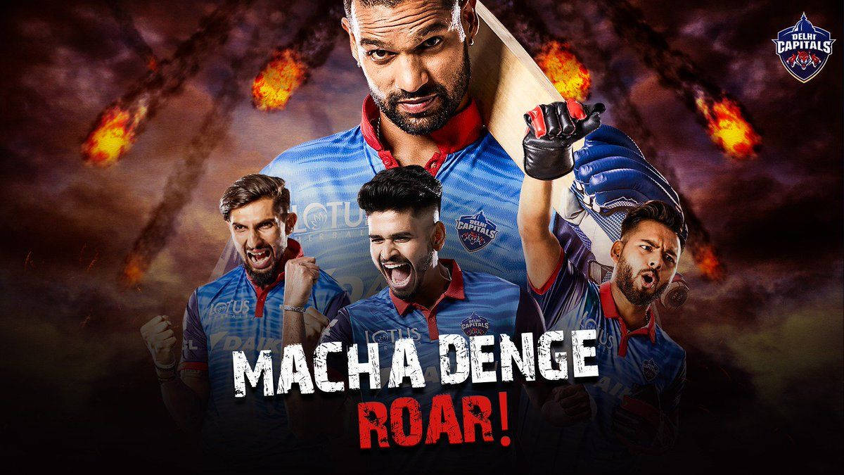 Delhi Capitals, blue jerseys, fiery dark background, SD Desktop Wallpaper