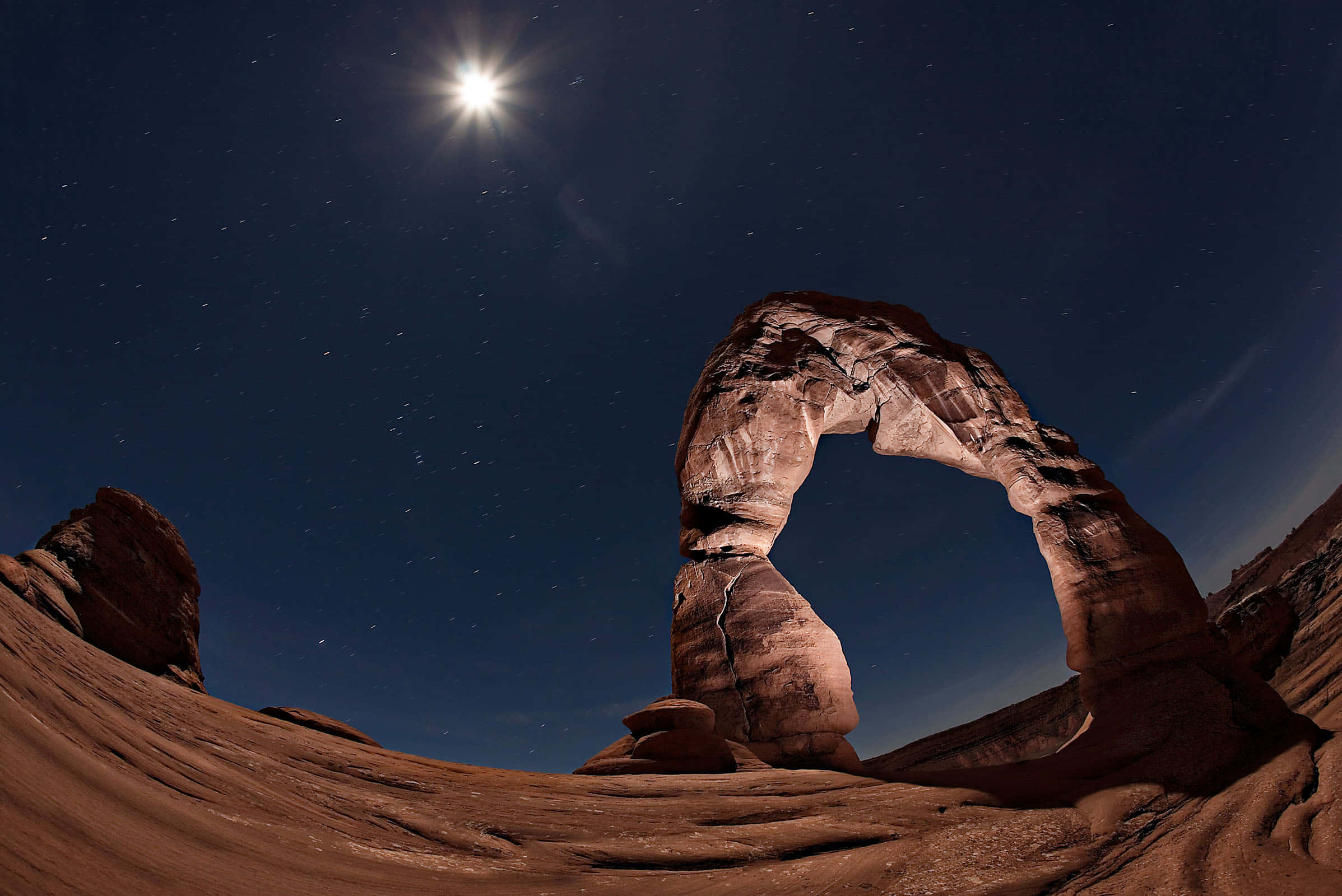 Delicate Arch, bright full moon, starry night sky, Full HD Desktop Wallpaper