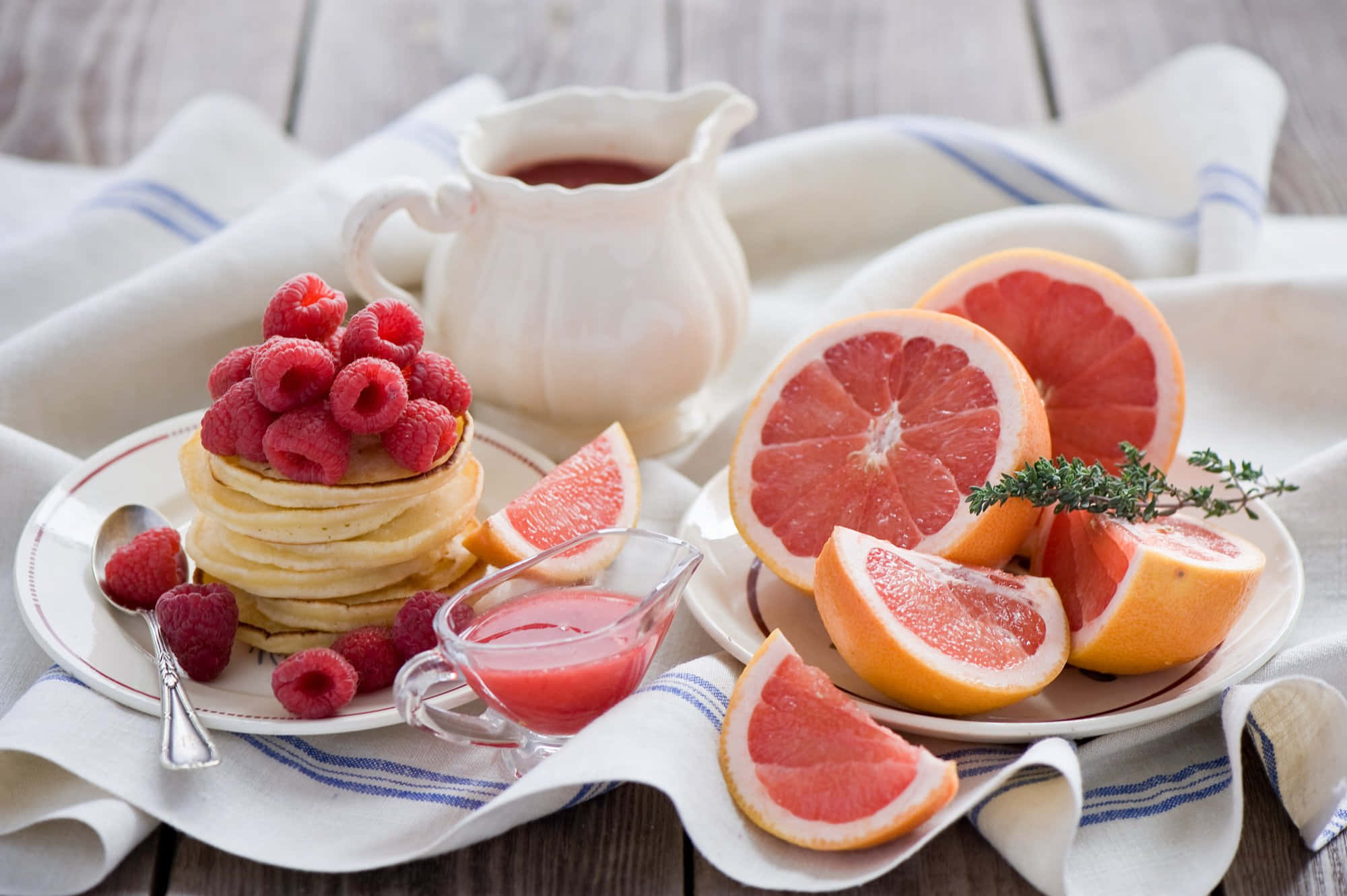 Delicious Food, pink fruits, stacked pancakes, Full HD Desktop Wallpaper