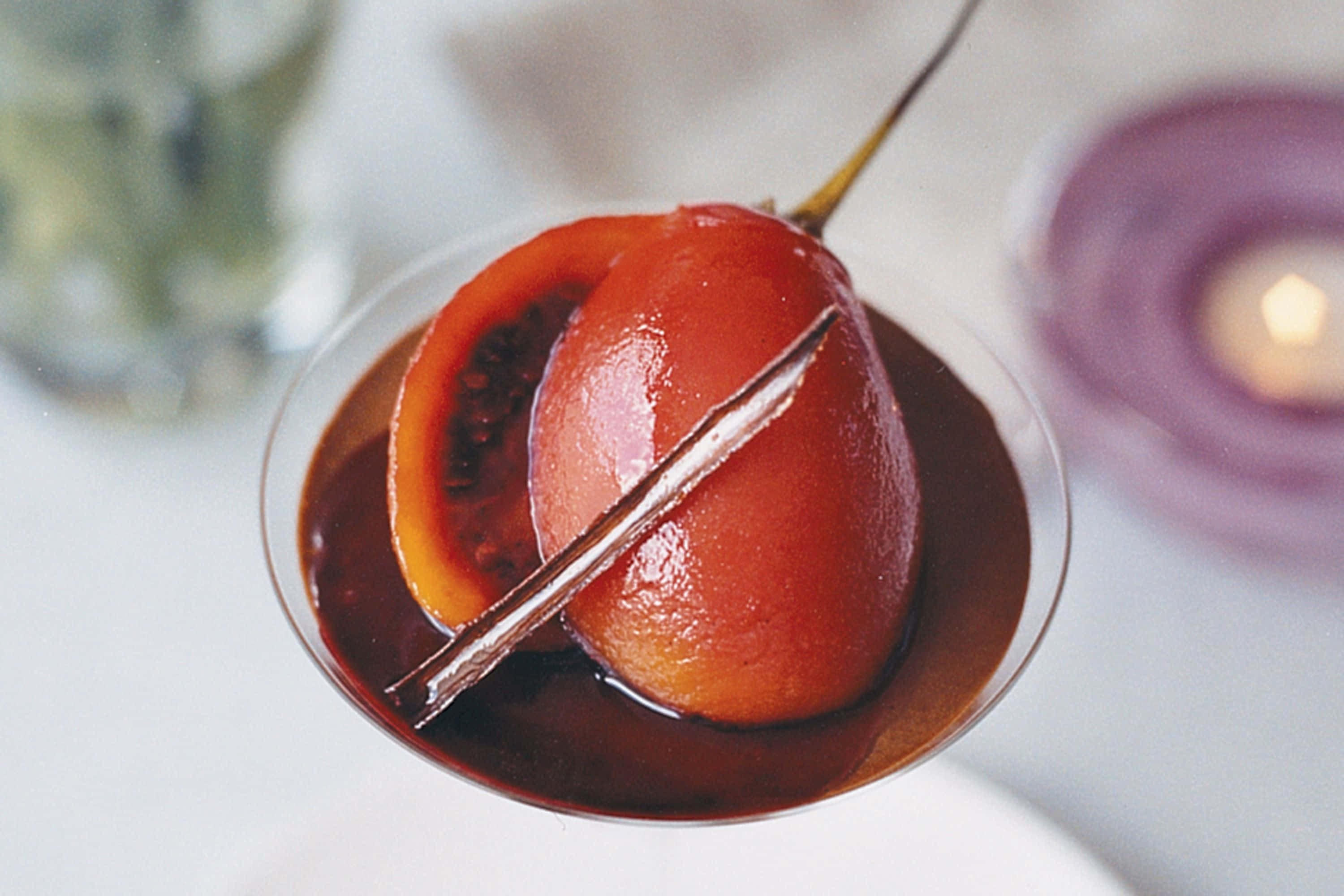 chocolate truffle mousse, spiced tamarillo, glossy red poached pear, 2K Desktop Wallpaper