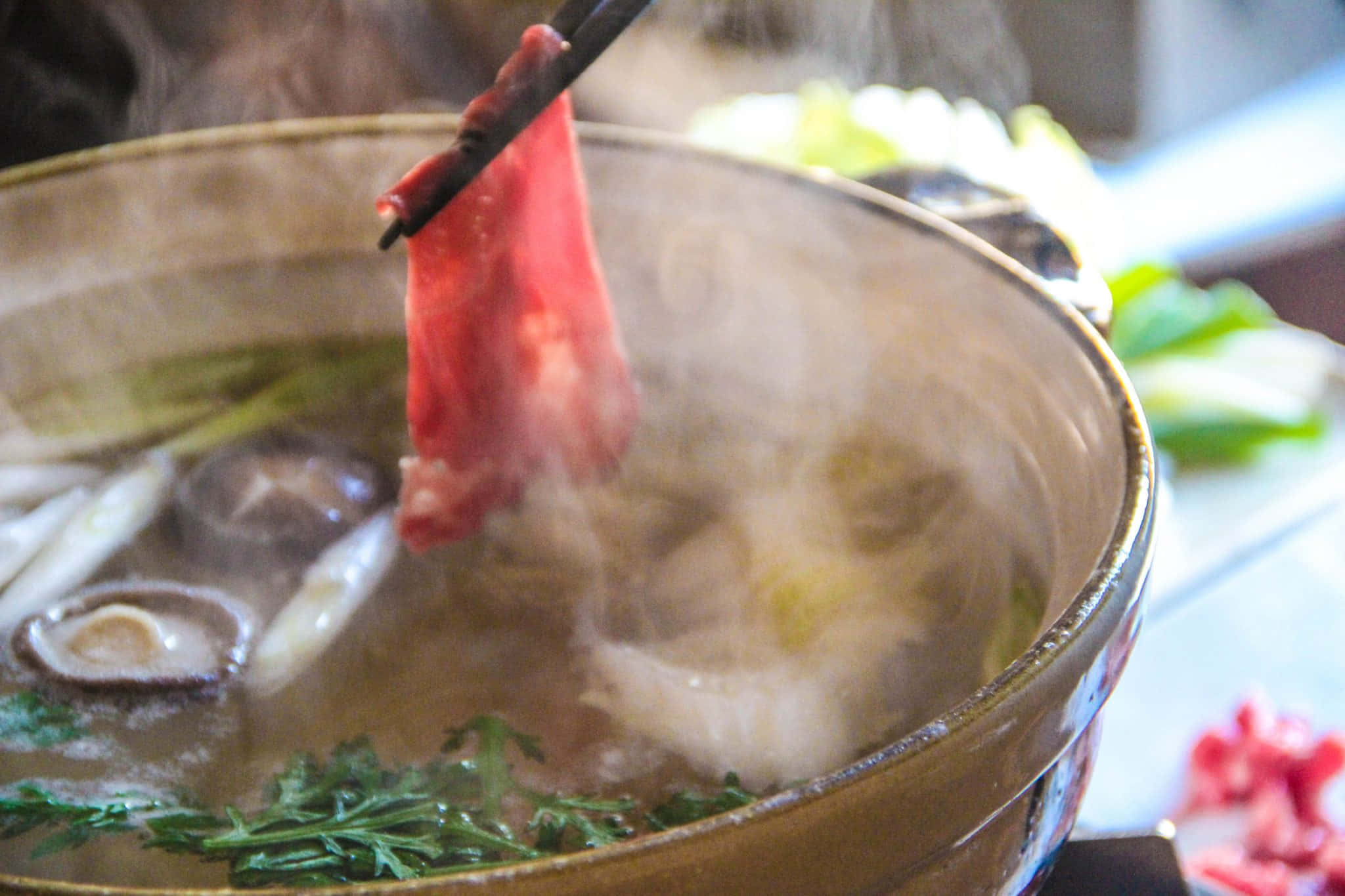 shabu shabu stew, beef slices, mushrooms, Full HD Desktop Wallpaper