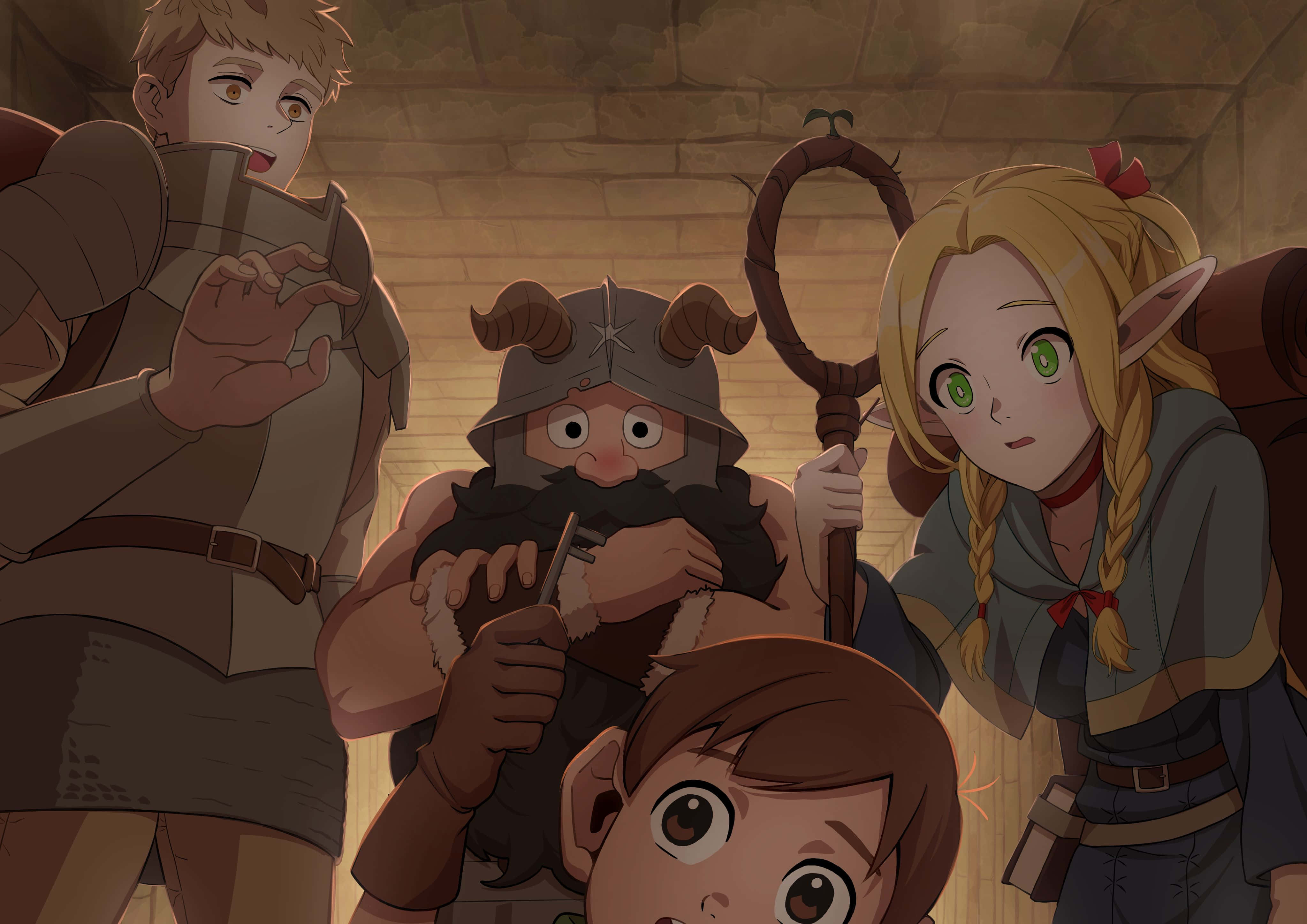 Delicious In Dungeon, adventurers, stone-walled dungeon, 4K Desktop Wallpaper