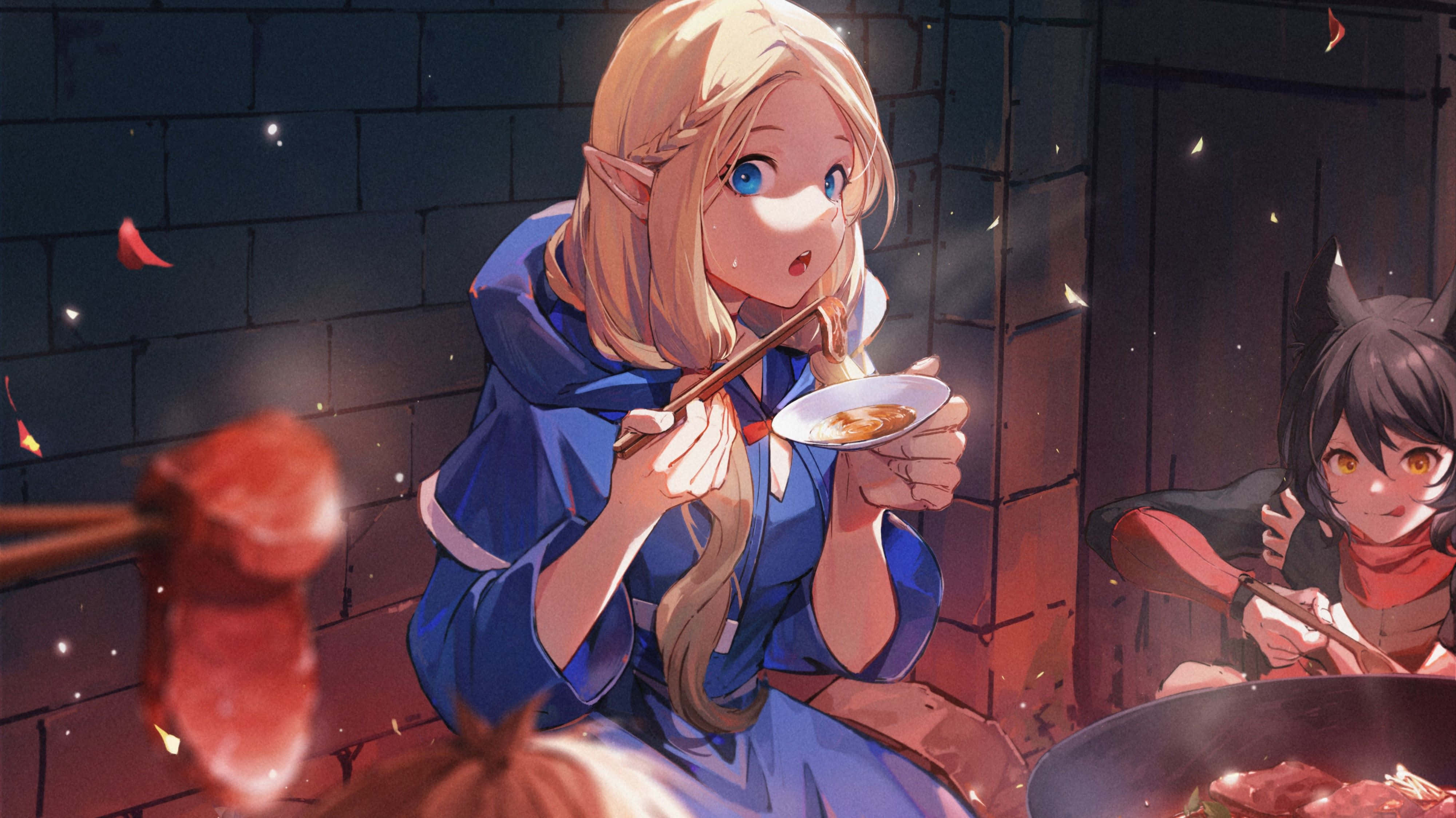 Delicious In Dungeon, blonde elf girl, blue robe, 4K Desktop Wallpaper