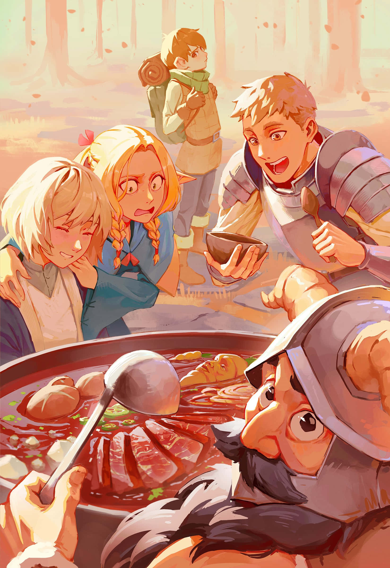 Delicious In Dungeon, adventurers, steaming pot of stew, Full HD Phone Wallpaper