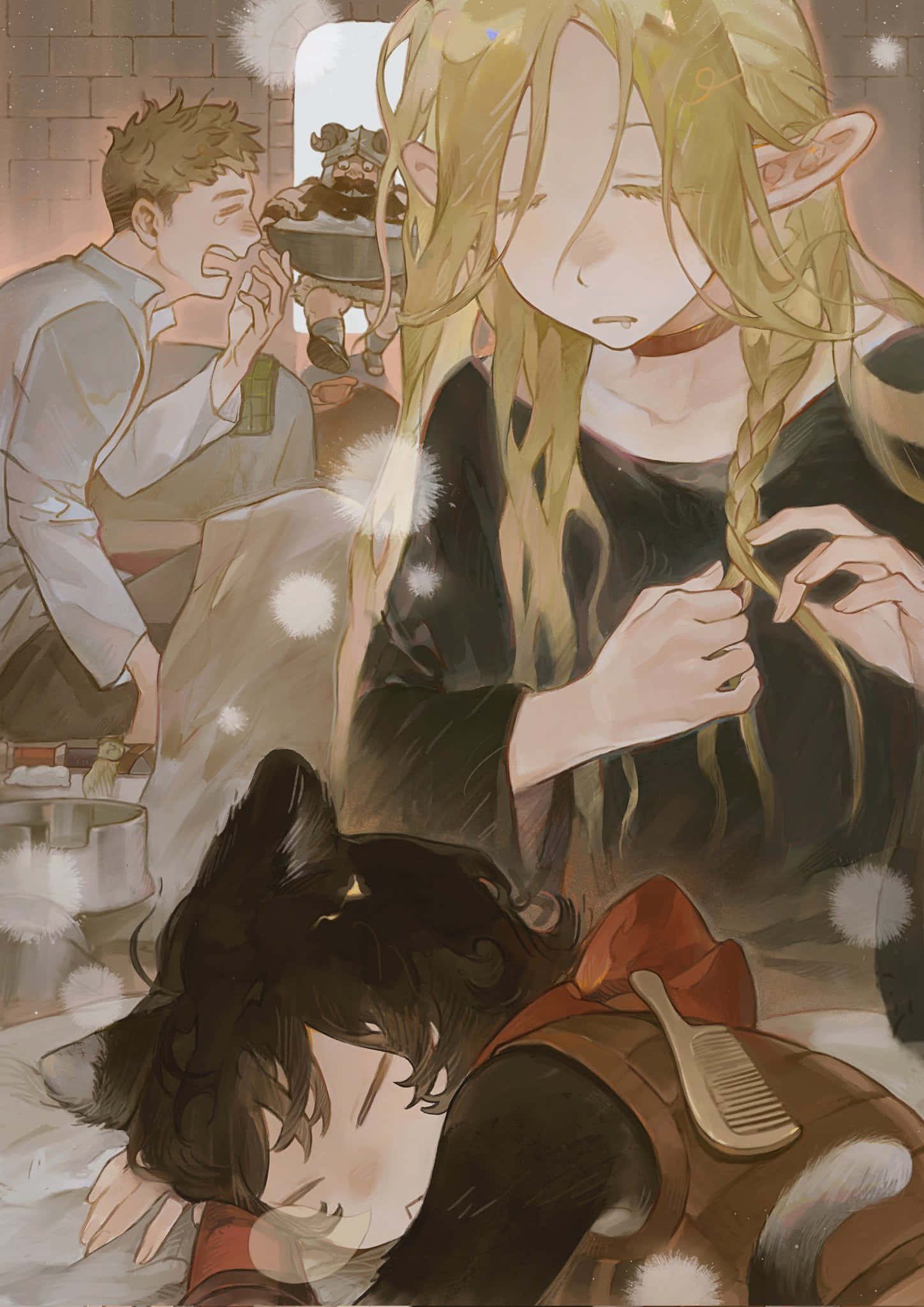 Delicious In Dungeon, cozy anime scene, three characters, Full HD Phone Wallpaper