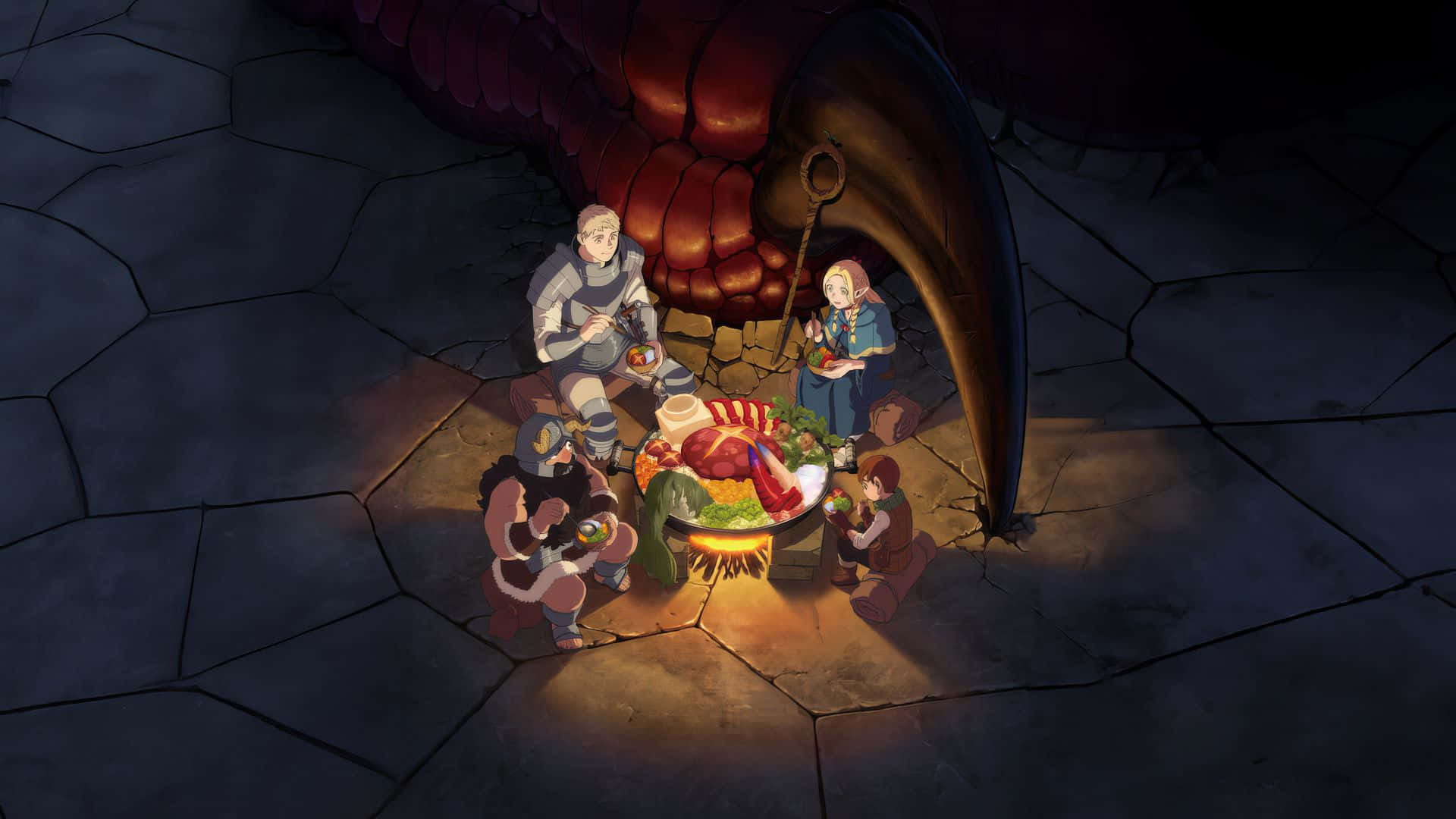 Delicious In Dungeon, feast, glowing campfire, Full HD Desktop Wallpaper