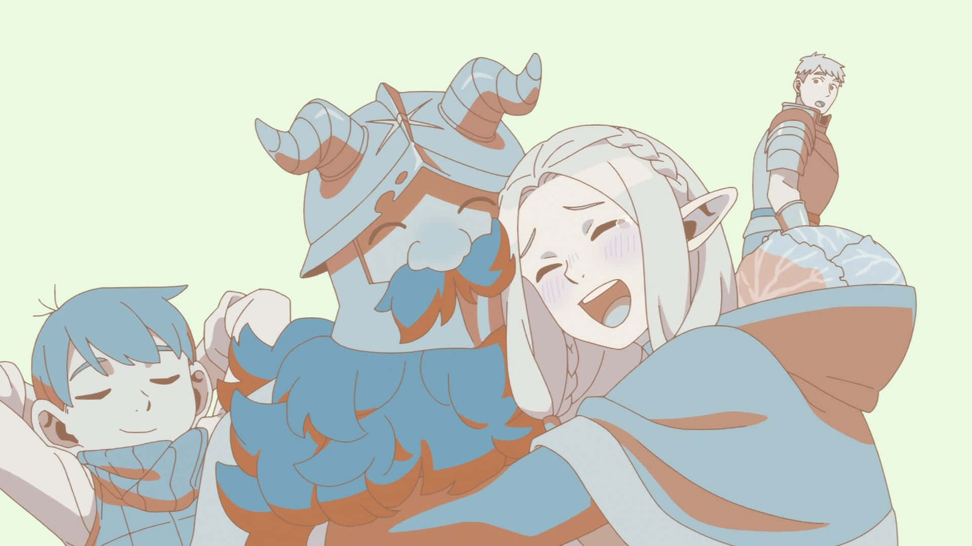 Delicious In Dungeon, anime-style, four fantasy characters, Full HD Desktop Wallpaper