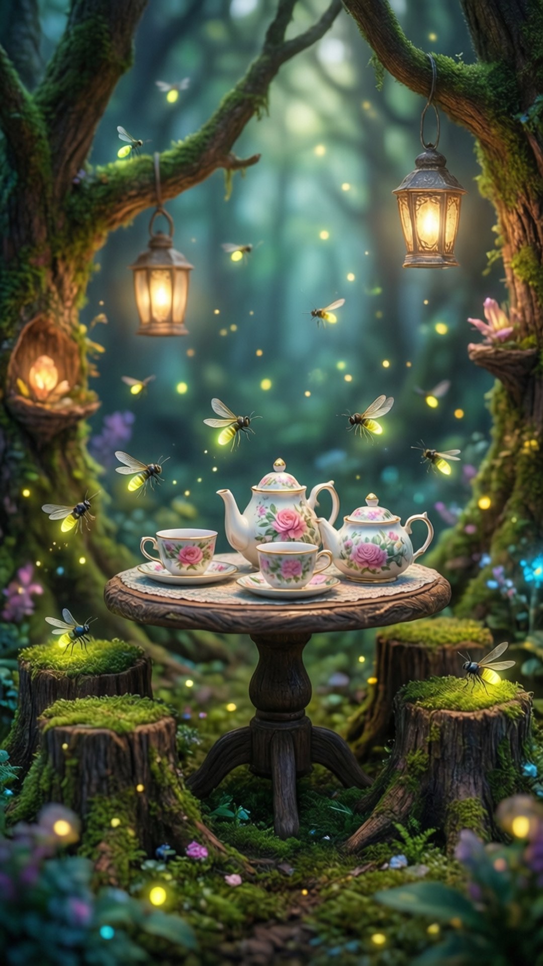 enchanted forest, glowing fireflies, hanging lanterns, Full HD Phone Wallpaper