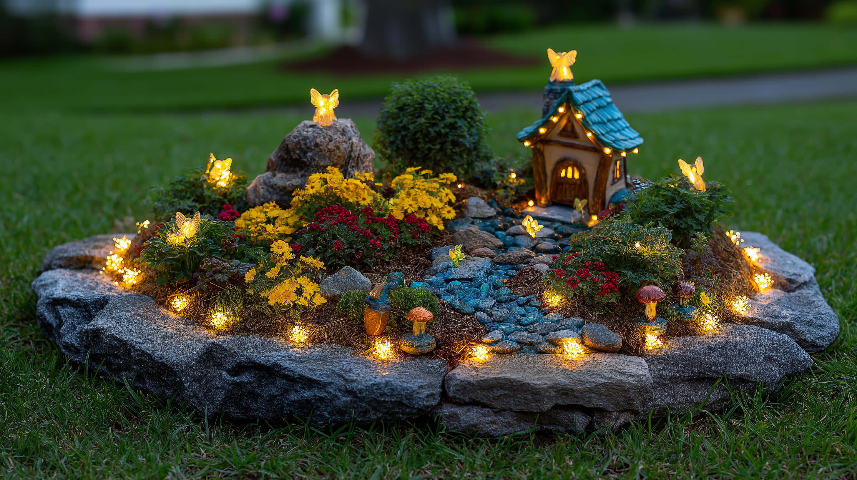 whimsical fairy garden, glowing blue-roofed cottage, yellow flowers, 2K Desktop Wallpaper