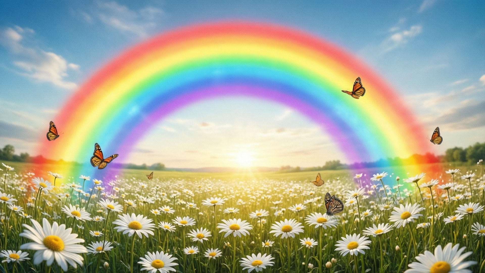 rainbow, daisy field, vibrant, Full HD Desktop Wallpaper