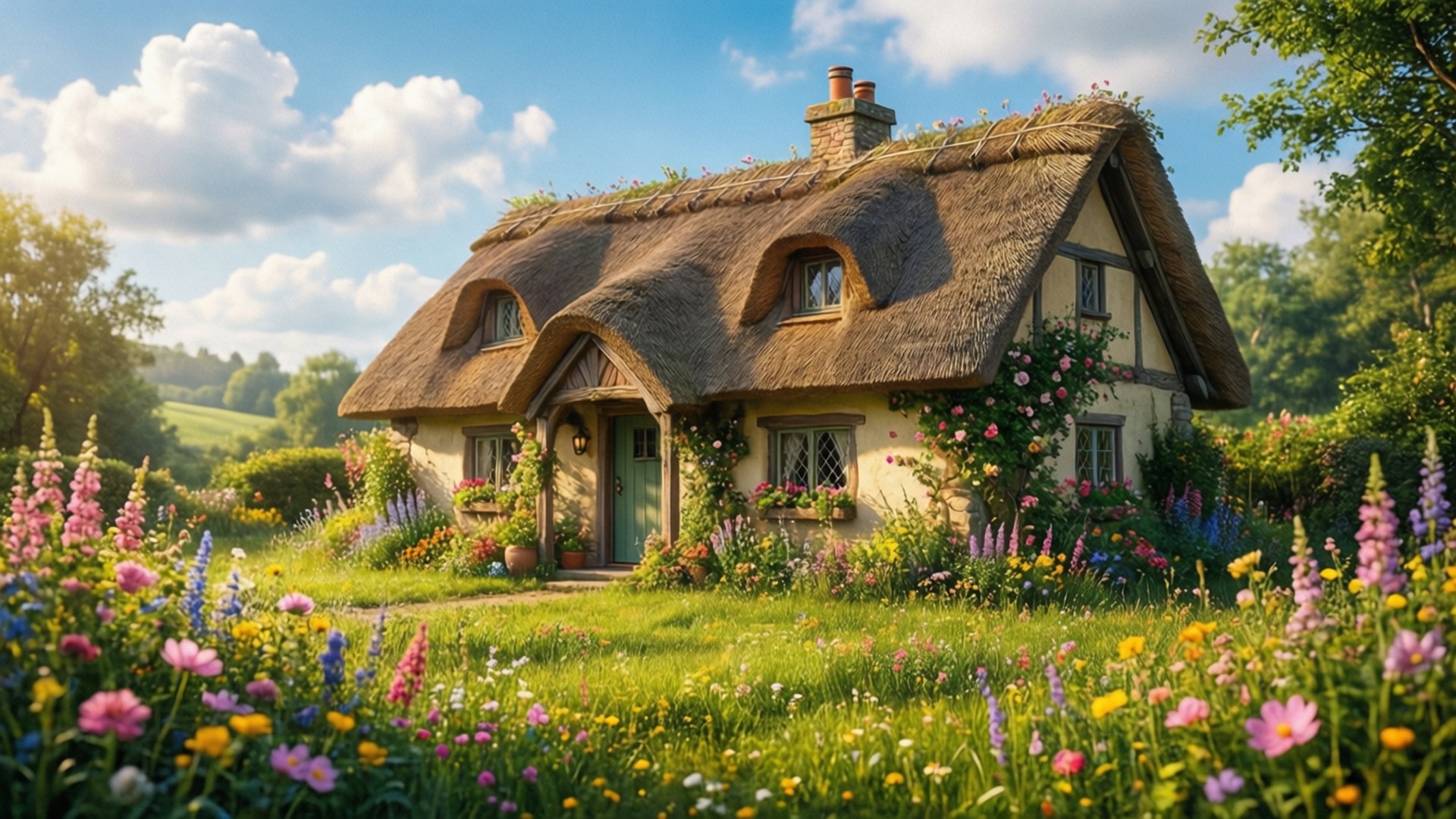 cozy meadow cottage, thatched cottage, vibrant meadow, Full HD Desktop Wallpaper