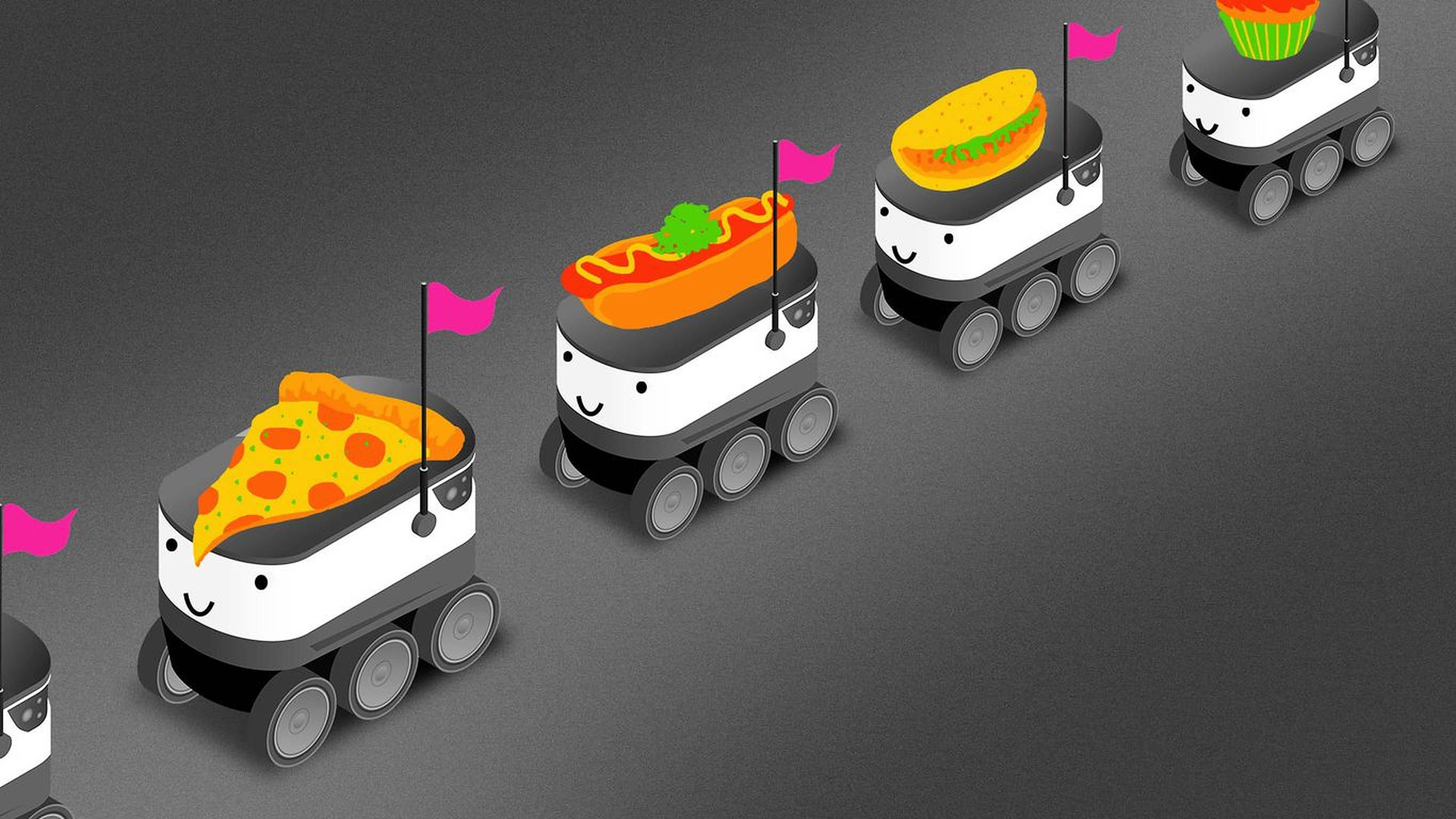 robot food delivery, cartoon food delivery robots, pizza, 2K Desktop Wallpaper