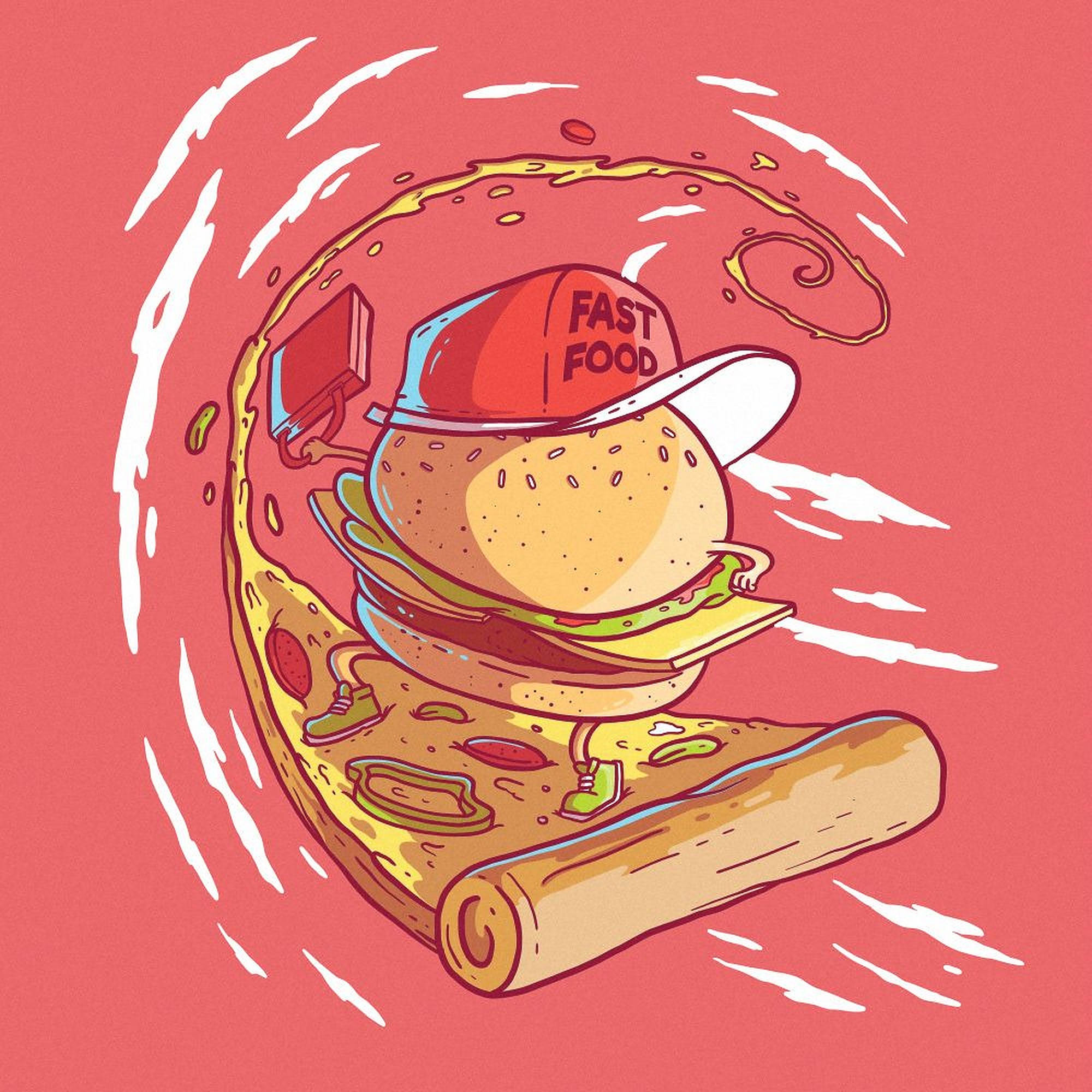 cartoon burger, red fast food cap, pizza slice, Full HD Desktop Wallpaper