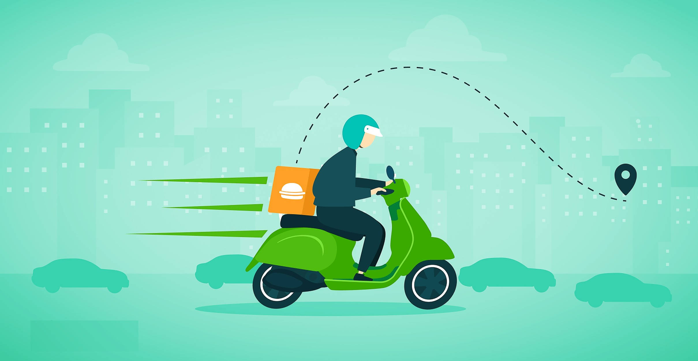 green scooter, delivery rider, stylized cityscape, Full HD Desktop Wallpaper