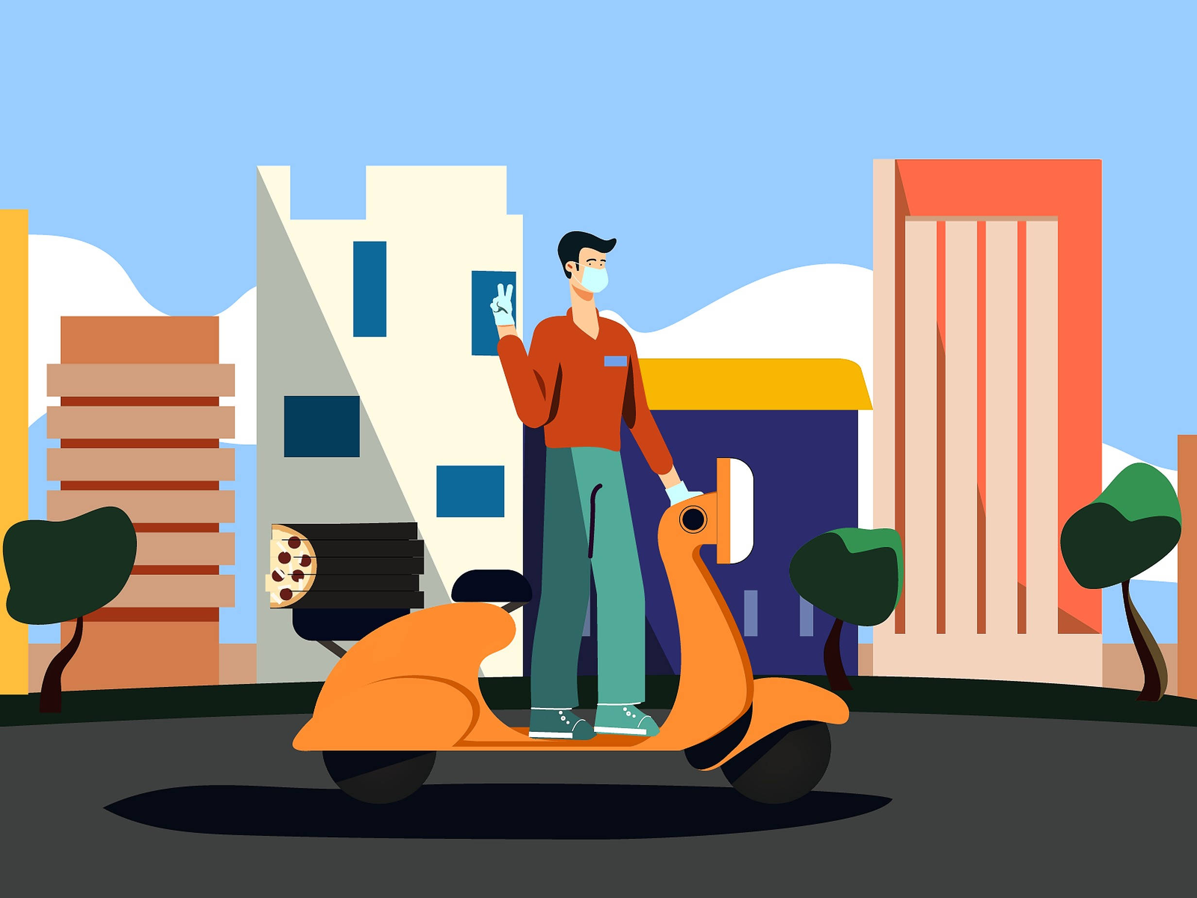 orange scooter, pizza box, stylized urban setting, Full HD Desktop Wallpaper