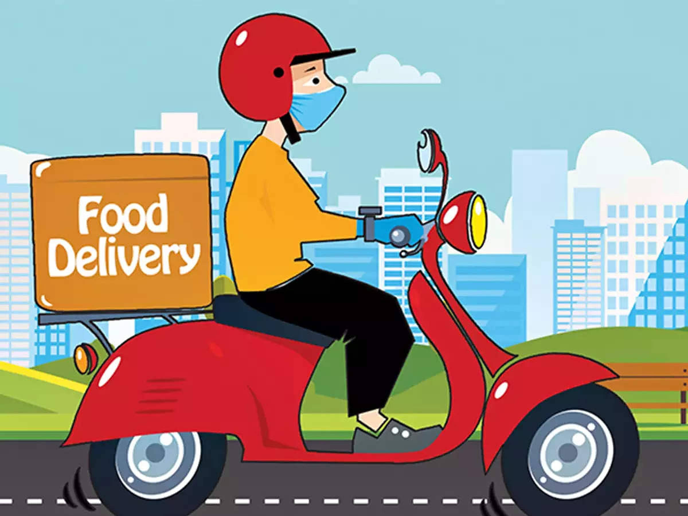 red helmet, red scooter, brown box labeled 'Food Delivery', Full HD Desktop Wallpaper