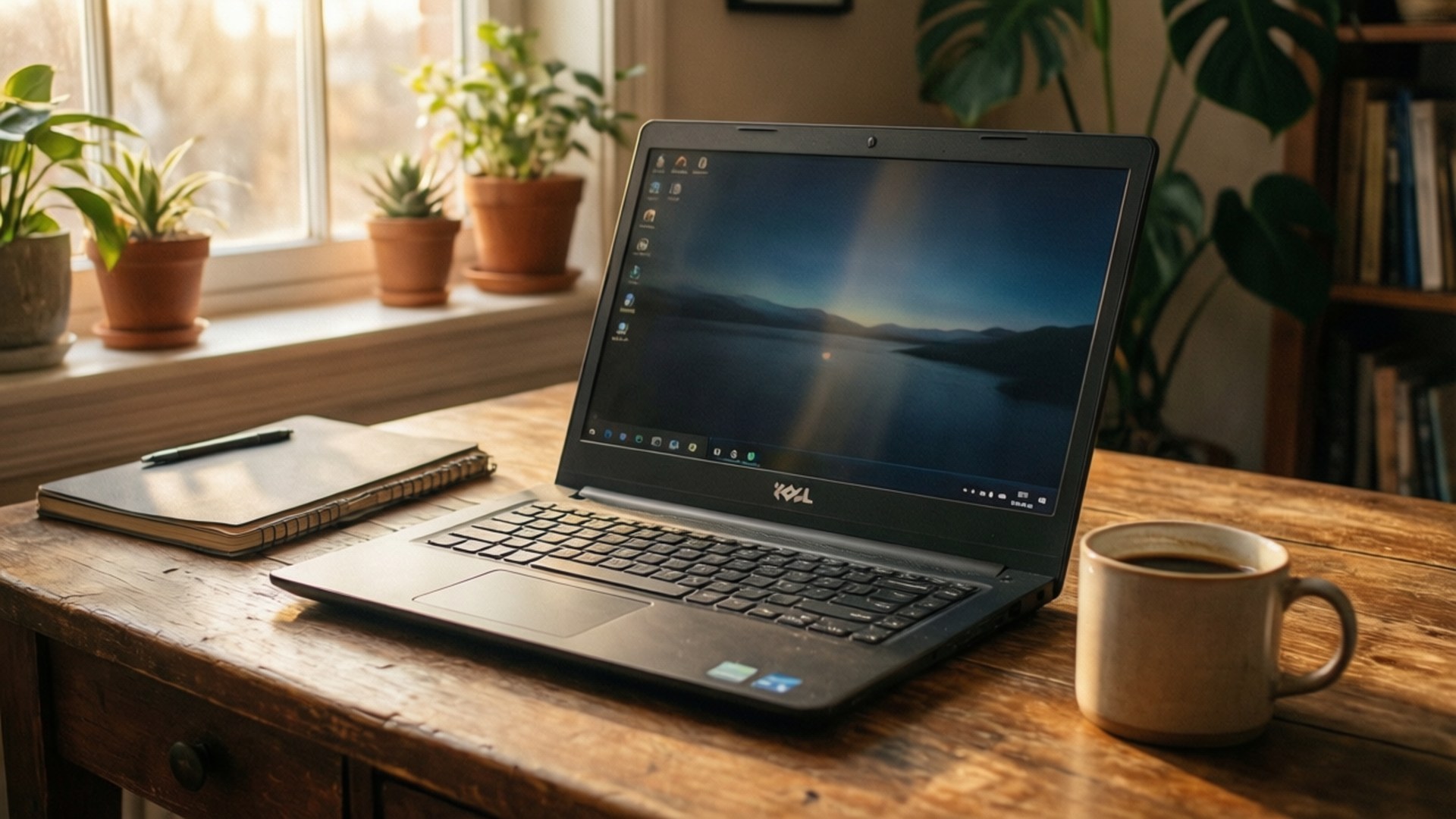 Dell laptop, rustic wooden desk, coffee mug, Full HD Desktop Wallpaper