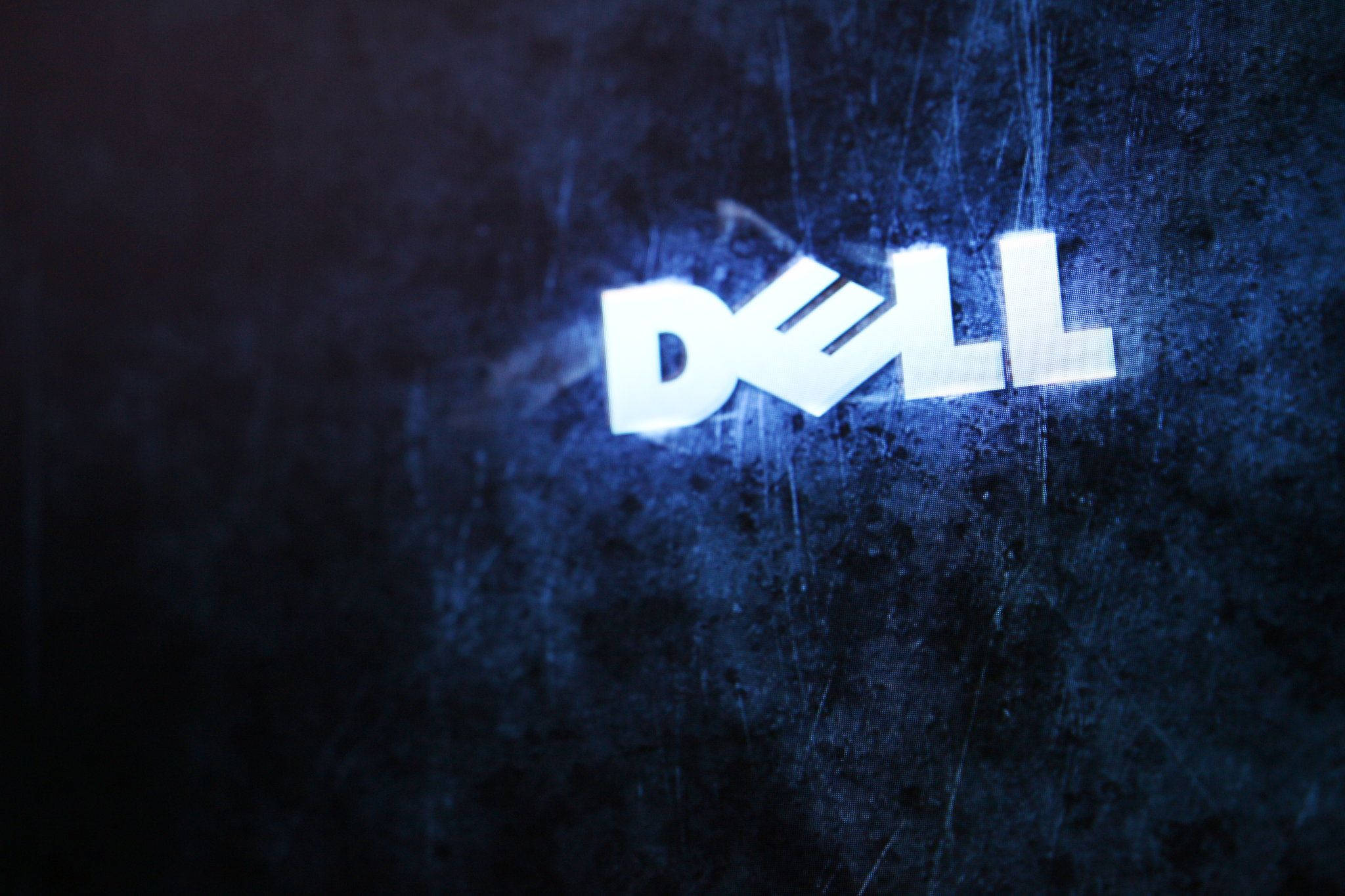 Dell, glowing white Dell logo, scratched dark blue metallic surface, Full HD Desktop Wallpaper