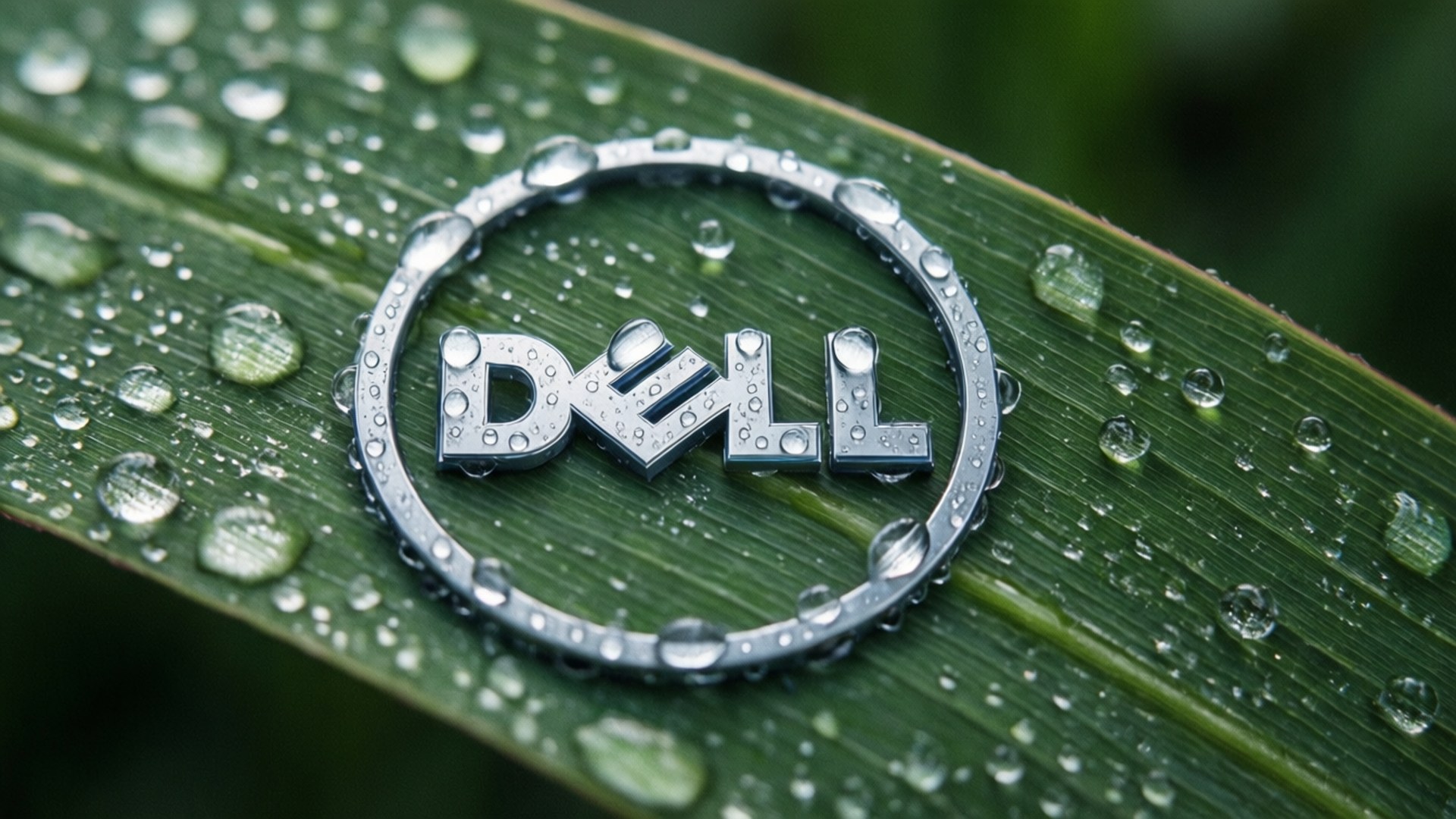 Dell logo, metallic, dew-covered green leaf, Full HD Desktop Wallpaper