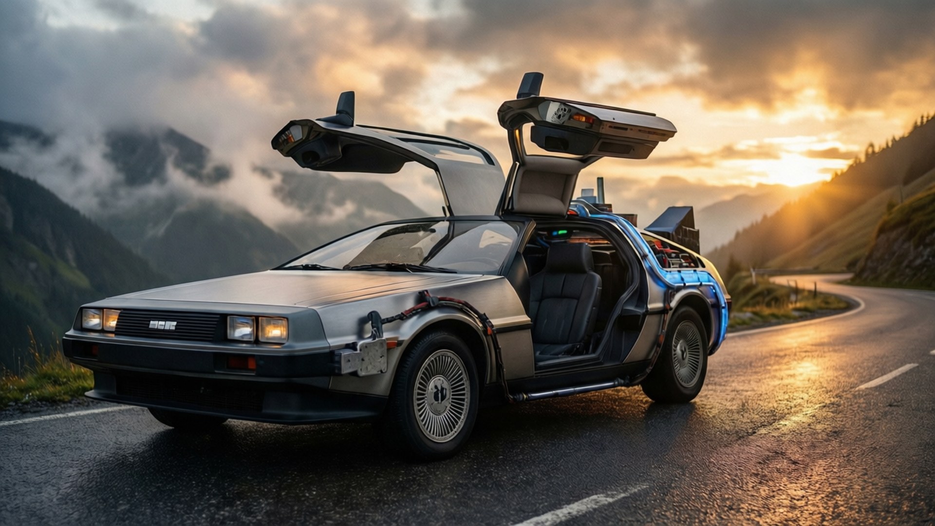 Misty Mountain DeLorean, DeLorean, gullwing doors, Full HD Desktop Wallpaper